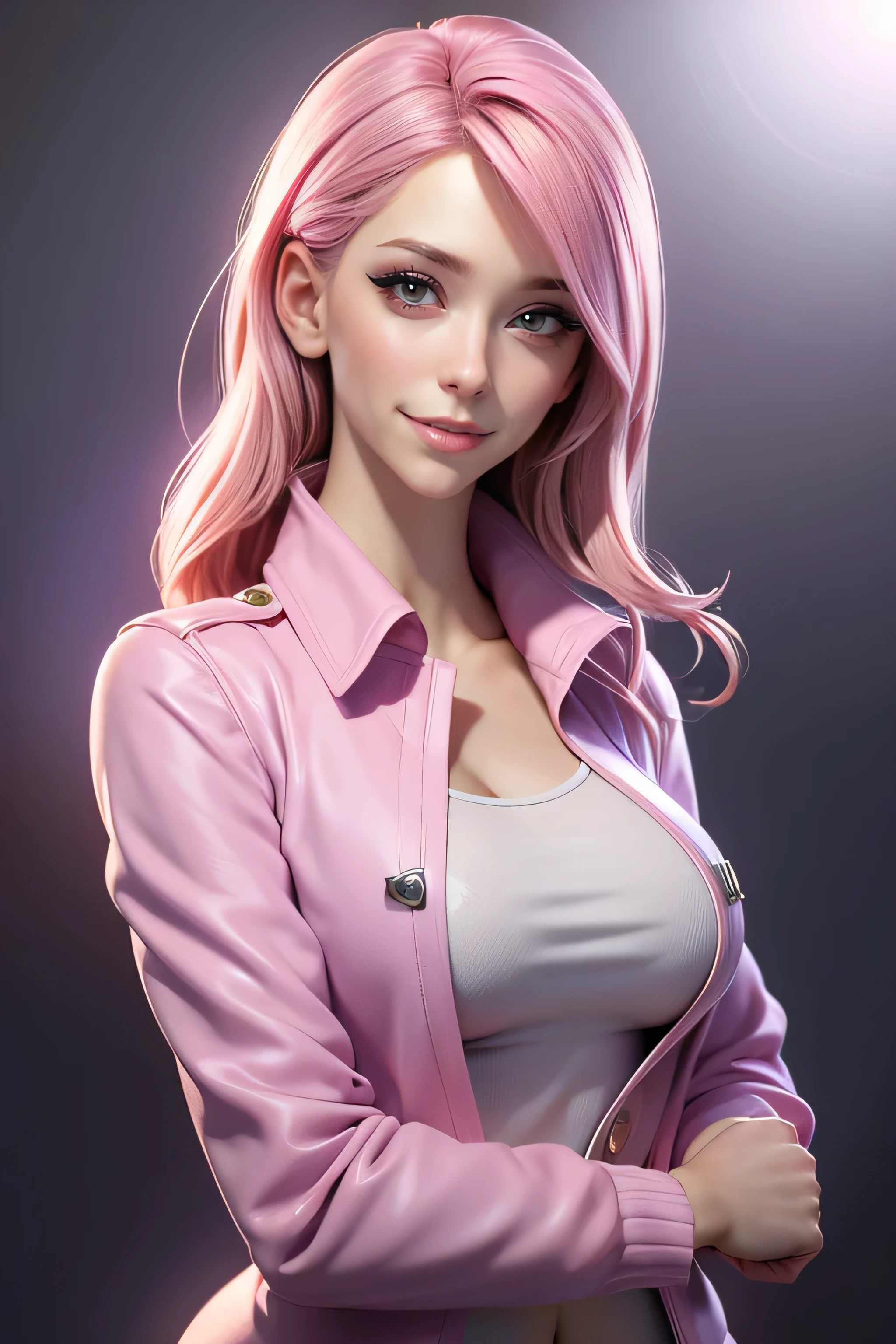 Young woman, light pink hair, violet eyes, wry smile, short jacket, well-fitting blouse , Slim Body Coats, super model, natural lighting , ultra resolution , plain white background , without patterns, No textures.