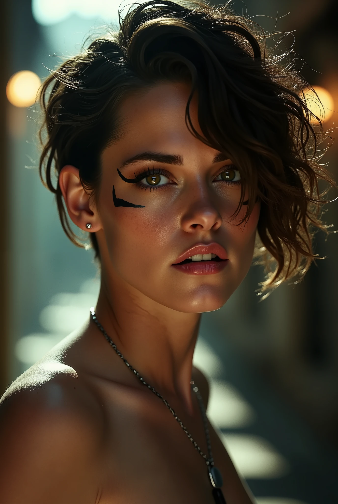 (Kristen Stewart:1.2) , (short curls hair like boy), atmospheric lights, god rays, perfect female face, ultradetailed, with black stripes, detailed skin, ultra realistic, bokeh, sharp features, best quality, ultra high res, detailed face, realistic face, full body, raw photo, shallow depth of field, hdr, 8k, cinematic, ultradetaled eyes, ultra realism, hyper realism soft light,