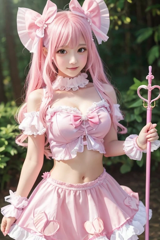 Girl with pink hair,ゴージャスなMagical girlの衣装, Pink dress with ribbons and frills, I have a magic wand in my hand, Pink heart on the end of a stick, Magical girl, 12-year-old girl, Gentle expression, Small breasts, Adult, Pink Cheeks, Belly button showing