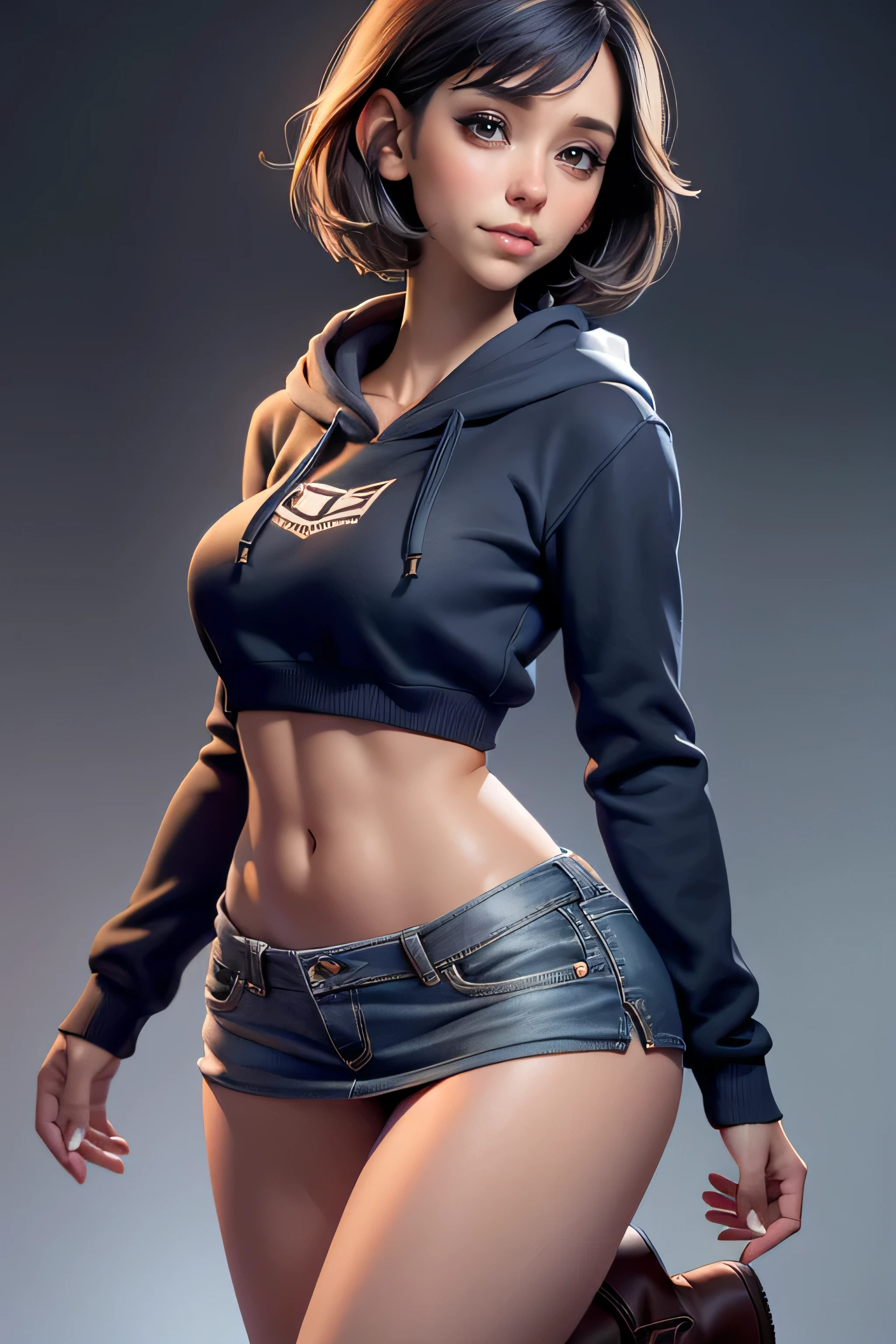Young woman, blue tube top , Black miniskirt, knee-length brown boots , gray hoodie sweatshirt, short hair , natural lighting , ultra resolution , plain white background , without patterns, No textures.