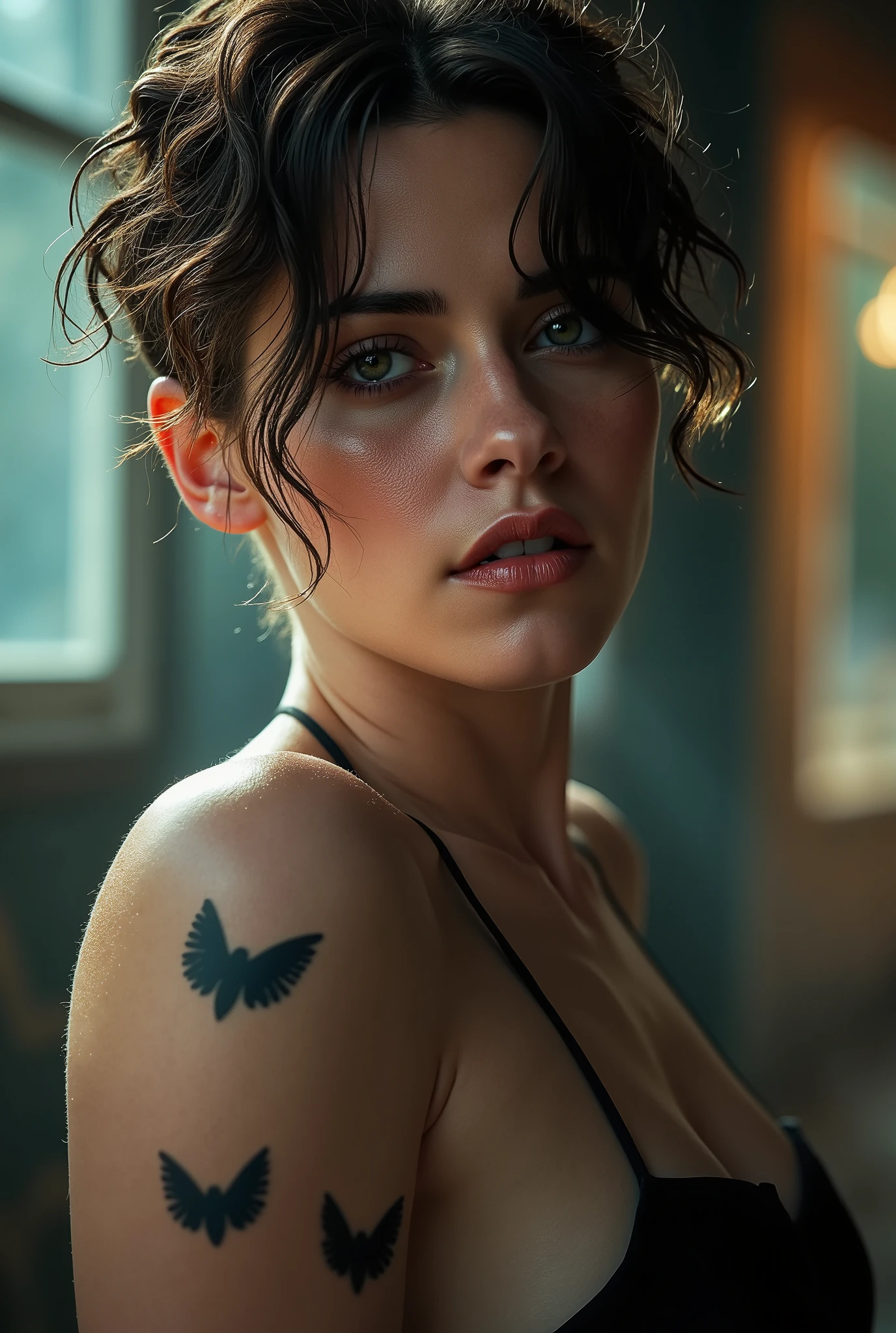 (Kristen Stewart:1.2) , (short curls hair like boy), atmospheric lights, god rays, perfect female face, ultradetailed, with black stripes, detailed skin, ultra realistic, bokeh, sharp features, best quality, ultra high res, detailed face, realistic face, full body, raw photo, shallow depth of field, hdr, 8k, cinematic, ultradetaled eyes, ultra realism, hyper realism soft light,