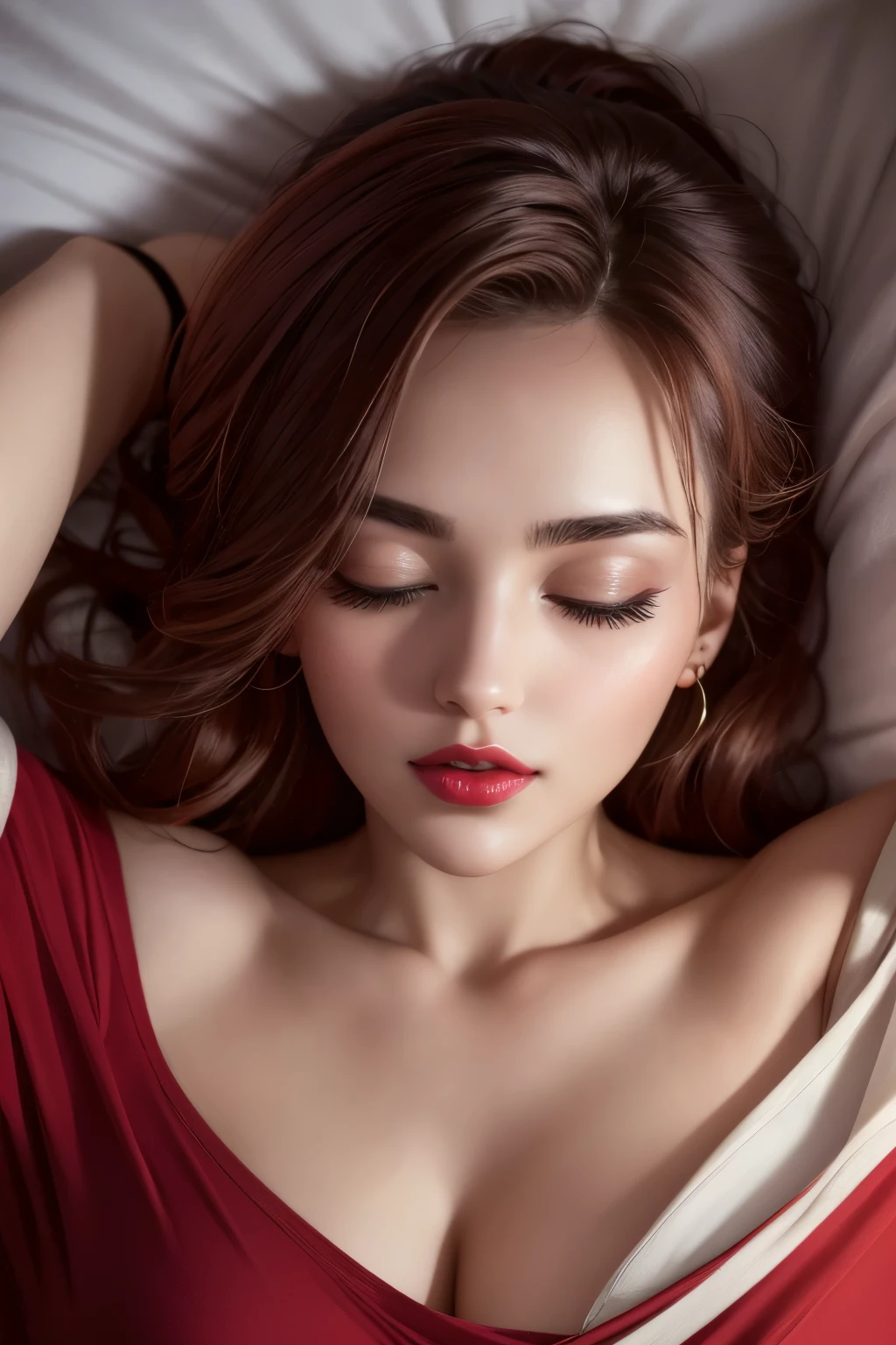 Amazing portrait of a woman who is 30 years old and an adult and a sexy woman wearing an off shoulder oversized t shirt during night time with soft lighting showcasing her red lips and her beautiful face in detail and close up lying down on bed