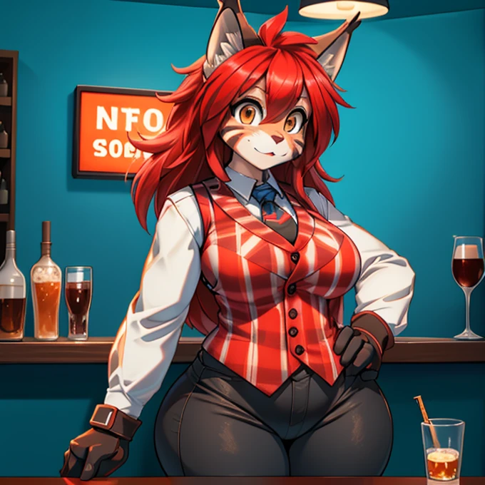 ((Grillby)) in a clean tidy black suit and tie jacket, Red hair, wearing a jacket with a smoke pattern on it, in black pants, hands in bandages, in anime style, bbw, Female, One, perspective front view, Huge ass, blushing, CHUBBY, Big breasts, tranquility, paws, low angle, Holding the chest, large areolas, soft smile, long curly, lush, voluptuous, thick, burn on left eye, ((working in a bar as a bartender)) in anime style