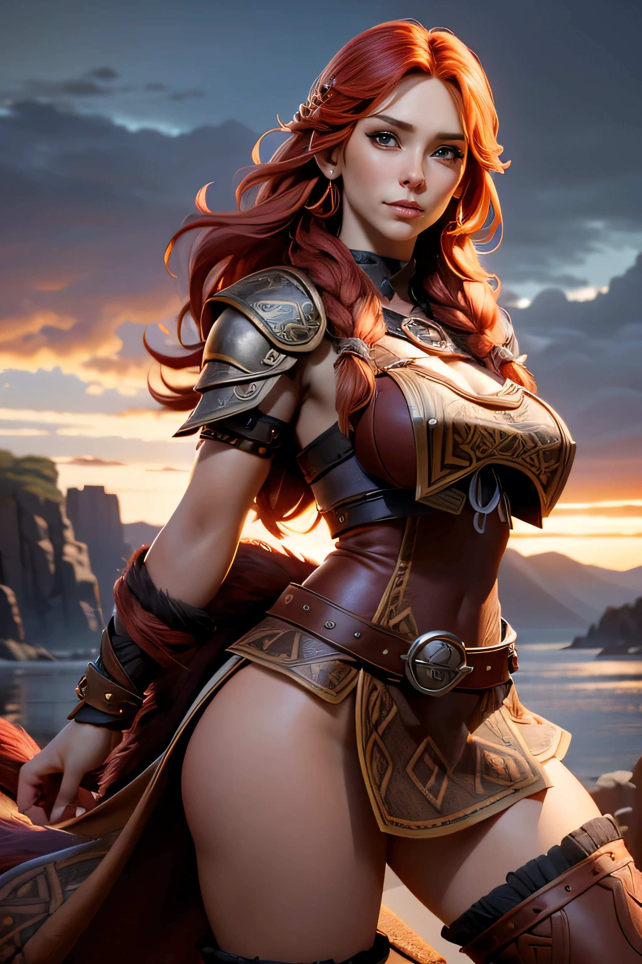 Viking woman, warrior,  long red hair tied in a single braid ,  amazonian body ,  brown eyes, leather armor with leather linings and Celtic and Norse knots, fur skirt, bushy eyebrows, Looking at the camera,  composition epic character,  natural lighting ,  ultra resolution ,  plain white background , without patterns, No textures.