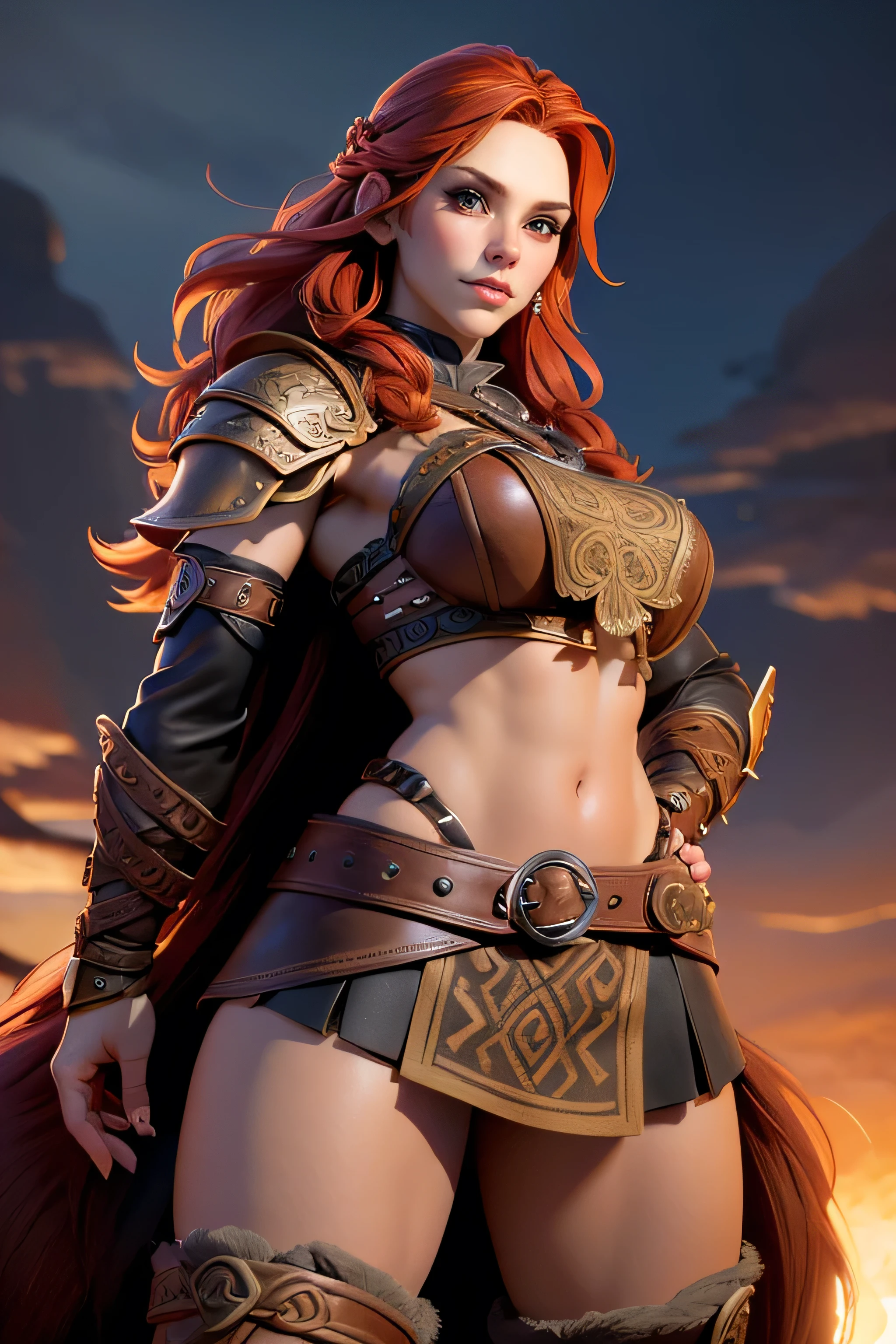 Viking woman, warrior, long red hair tied in a single braid , amazonian body , brown eyes, leather armor with leather linings and Celtic and Norse knots, fur skirt, bushy eyebrows, Looking at the camera, composition epic character, natural lighting , ultra resolution , plain white background , without patterns, No textures.