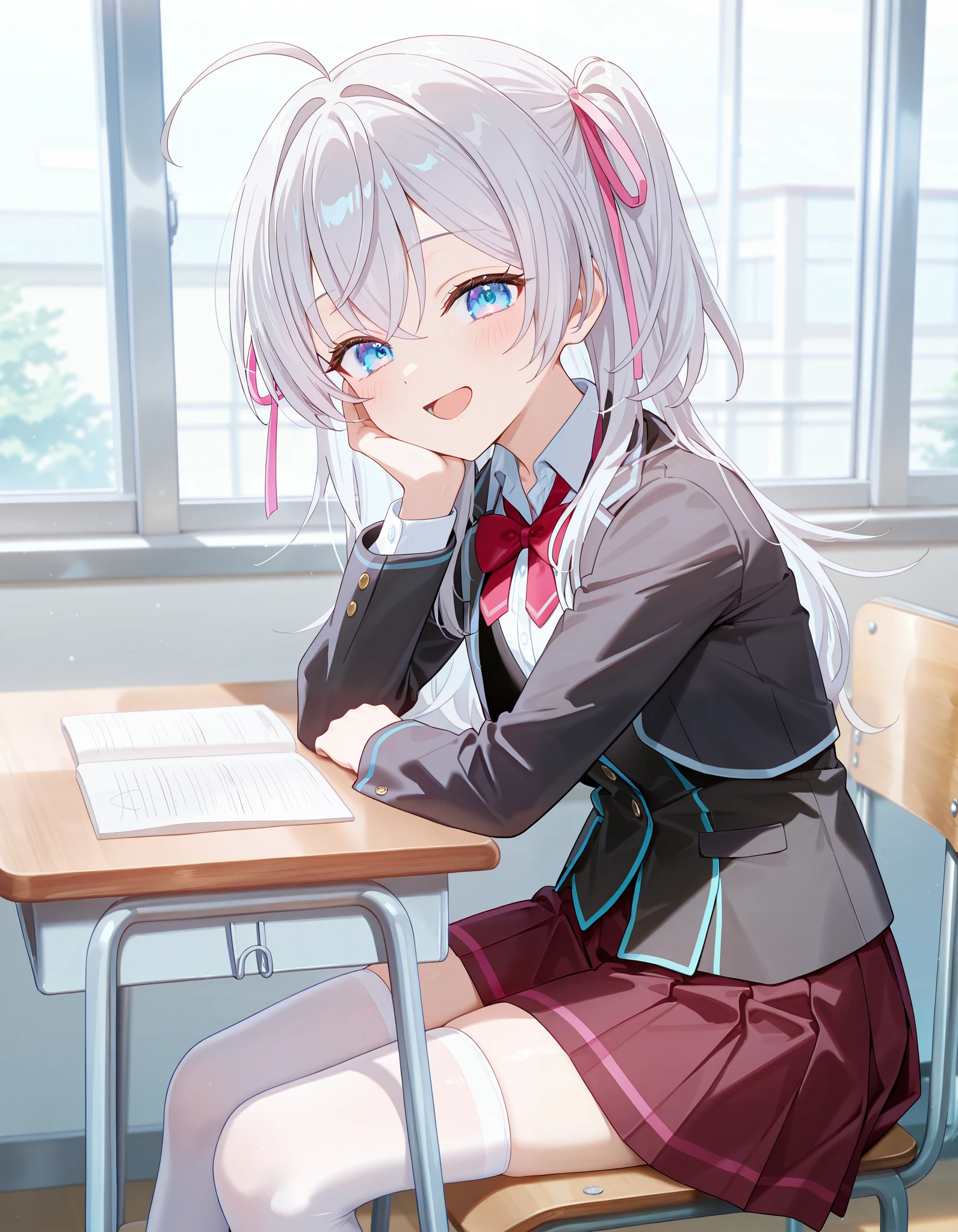 masterpiece, best quality, highly detailed, ultra high res, 1girl, alya, Alya kujou, silver hair, blue eyes, opened eyes, long hair, ahoge, school uniform, blazer, white blazer, red bowtie, open jacket, black skirt, pleated skirt, white thighhighs, hair ribbon, pink ribbon, smile, happy, opened mouth, hand on cheeks, Sitting, Sitting on chair, school table, indoor, classroom