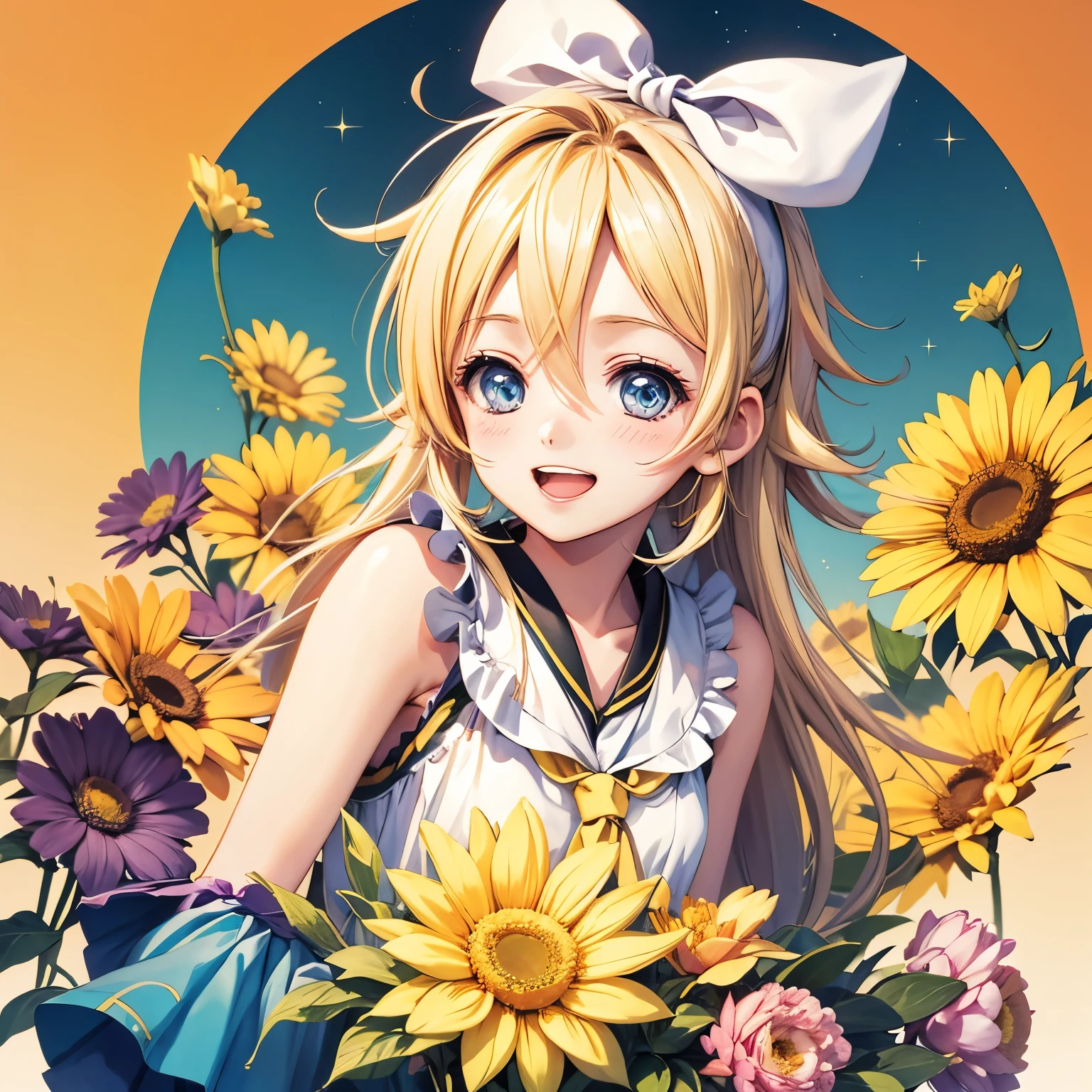 kagamine rin, high resolution, gaze to God, blushes, smiles, open your mouth, top quality, Floral Background