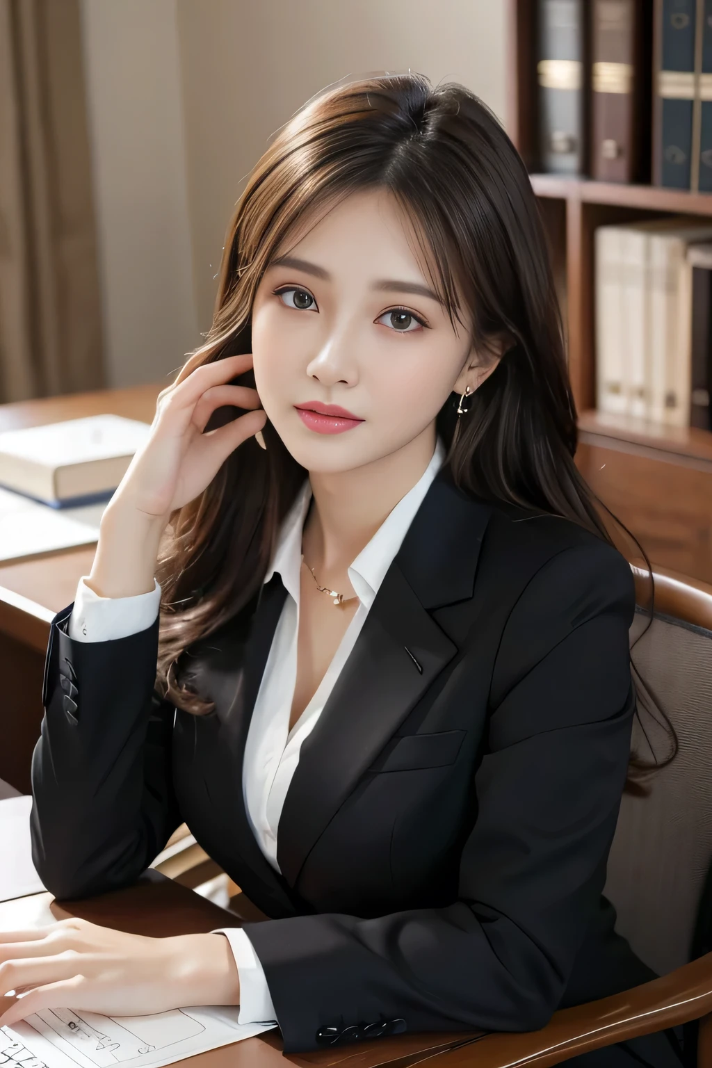 Arafed woman in a suit sitting at a desk with a laptop - SeaArt AI