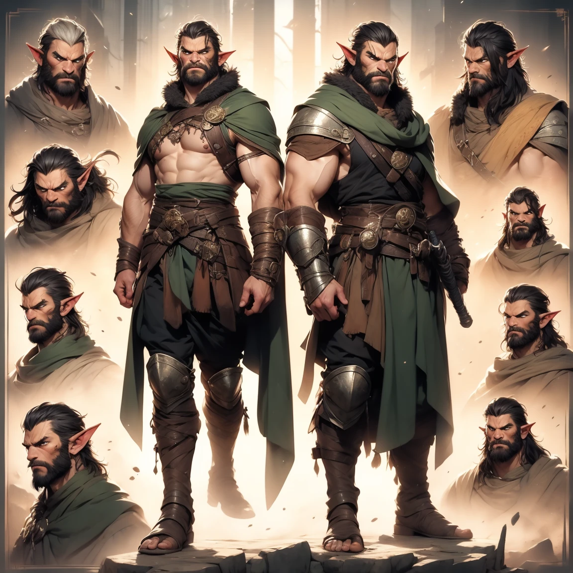Create a full-body illustration of a half-orc character in a dark ...