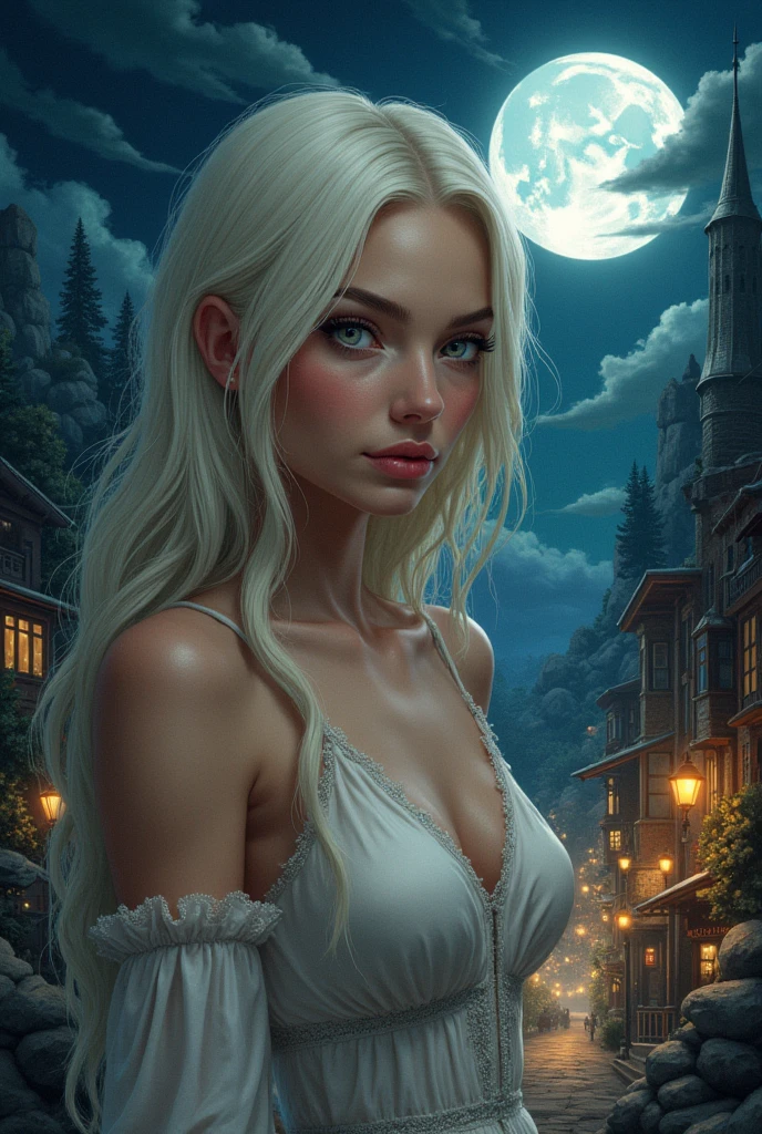 Sexy withe haired vampire with no shirt posing deviously with a shining moon on the background