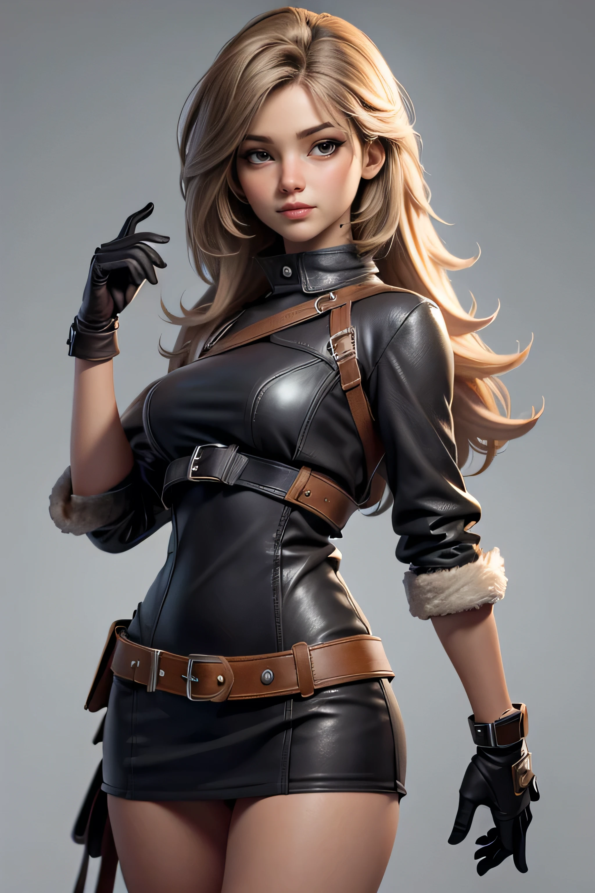 Young woman dark brown eyes, shaggy blond hair , gray leather clothing , Capelina , Gloves, if, straps, Natural lighting, ultra resolution , plain white background , without patterns, No textures.