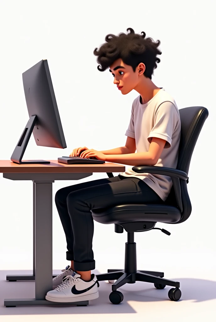 this image create a office boy woking in laptop and setting a office chair