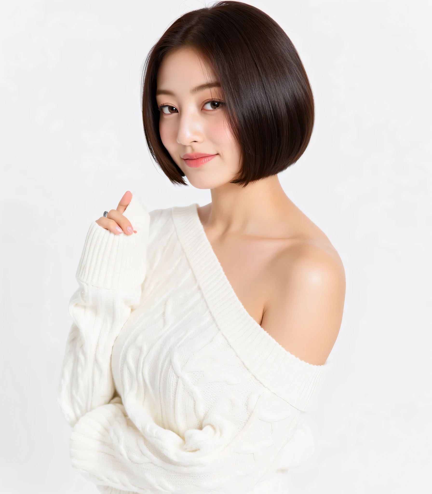 A young woman posing gracefully against a plain white background, wearing a one-shoulder white cable-knit sweater. Her hair is cut into a sleek bob, framing her face elegantly and giving a refined look. Her expression is soft and welcoming, with minimal jewelry that adds to the simplicity of the composition. The clean, minimalistic background makes the subject stand out, highlighting her natural beauty, suitable for a cozy yet chic fashion photoshoot.