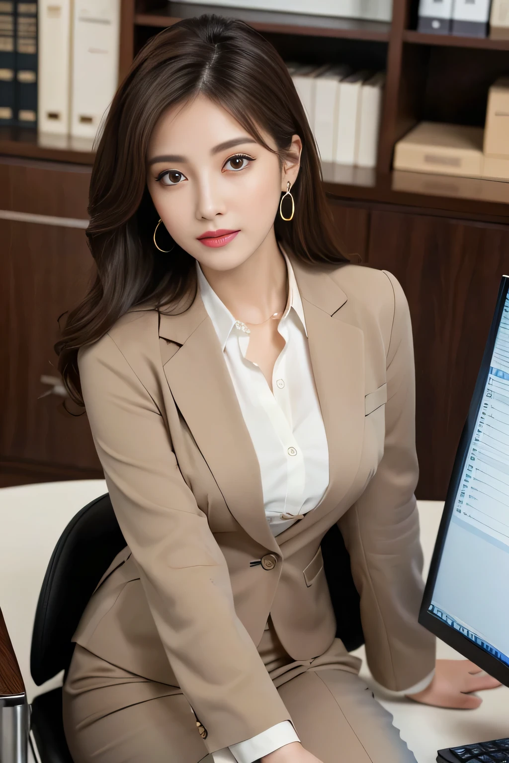 (Highly detailed CG Unity 8k wallpaper, top quality, ultra-detailed, high resolution, masterpiece, realistic, photorealistic:1.5), (cute Japanese girl), extremely detailed face, face focus, beautiful detailed eyes, eye focus, (detailed background), detailed clothes, super detailed skin, (wearing suits jacket:1.5), (wearing pencil skirt:1.5), (beautiful office building background:1.5), midi wavy hair, brown hair, floating hair, medium breast, medium ass, (make up), (adorable smile:1.3), (POV:1.5),