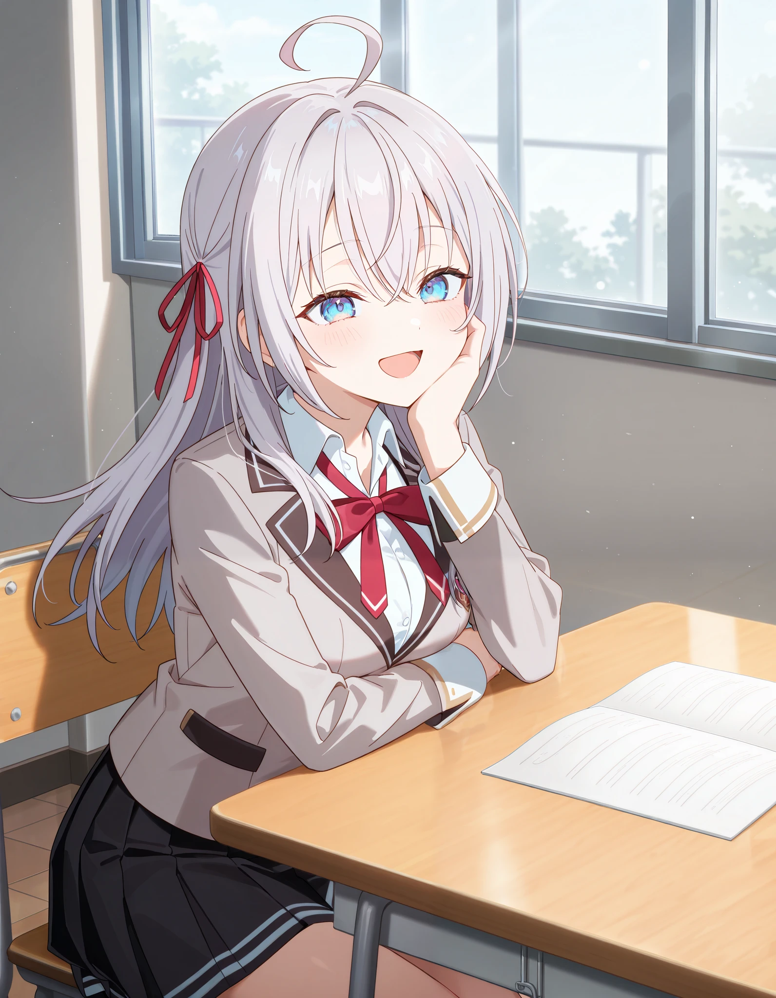 masterpiece, best quality, highly detailed, ultra high res, 1girl, alisa mikhailovna kujou, long hair, bangs, blue eyes, opened eyes, hair ribbon, ahoge, grey hair, red ribbon, medium breasts, skirt, shirt, long sleeves, bow, school uniform, jacket, white shirt, pleated skirt, collared shirt, bowtie, black skirt, red bow, red bowtie, blazer, grey blazer, long sleeves, smile, happy, opened mouth, hand on cheeks, Sitting, Sitting on chair, school table, indoor, classroom