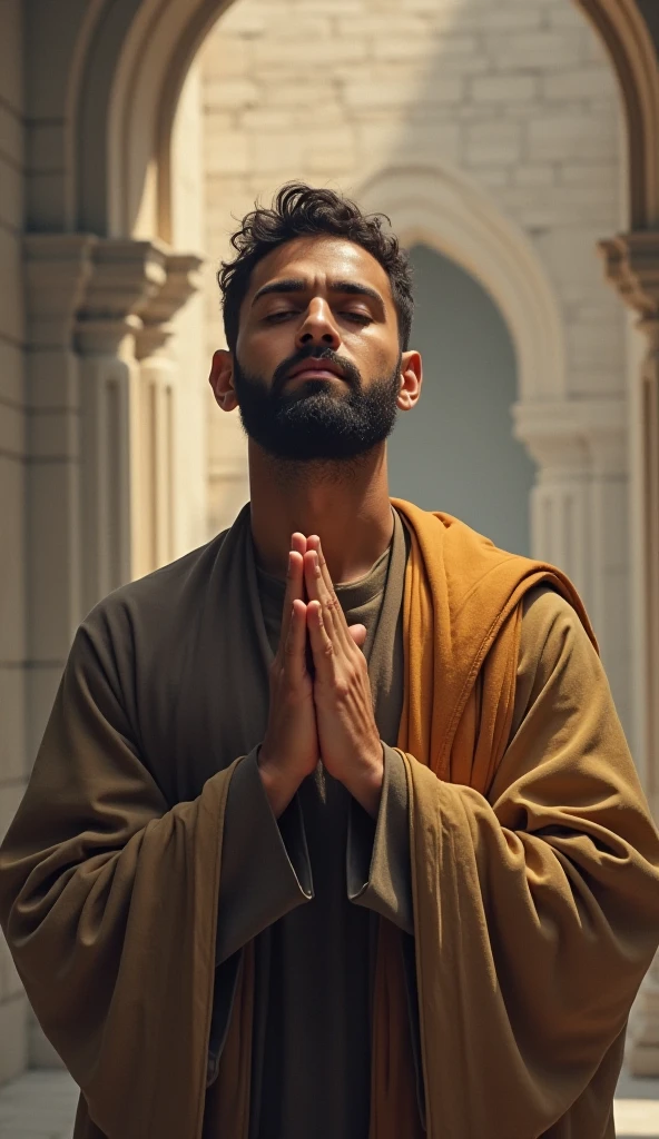"A high-resolution, lifelike image of a young bald man with a masculine build, wearing a taqiyah, performing a prayer to Allah in the interior of a mosque in America with many people