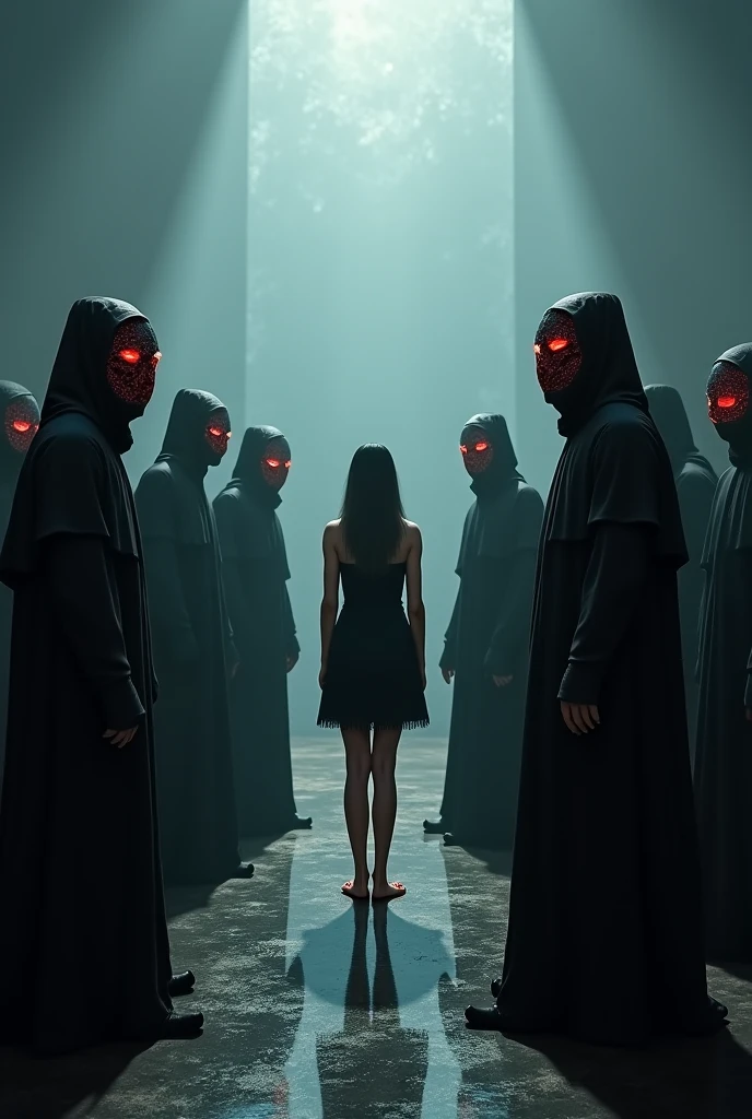 Image of a person with his head down, surrounded by darkness.with bad people with eyes of hate just looking with evil wanting to hurt her a lot but she just lowers her black hair with a red dress that covers her body