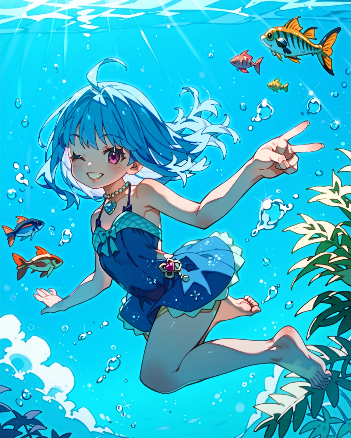 There is a girl swimming in the water, happy smile, sunny face, innocent girl, big, lots of blisters, bubbles, a lot of fish, cute digital painting, beautiful digital artwork, realistic effect, high texture