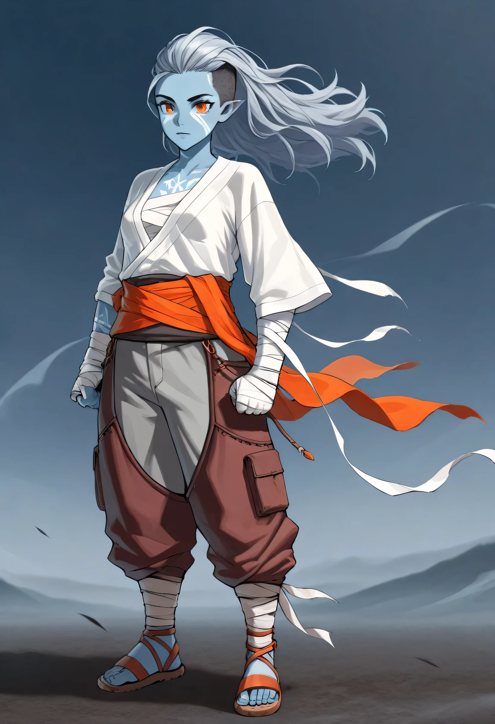 Solo, Female, high resolution, Air Genasi, Small breasts, Blue Skin, Dark Grey Hair, Dark Grey undercut sides Hair, AirGenasi, pointed ears, wind, tousled hair, tattoos, Orange Eyes, sandals, loose breeches trousers, a loose flowing strung together shirt, the outfit is strung together with sashes, The outfit is designed to give you maximum mobility and it's made of high-quality fabric, Bandages wrapped around knuckles fist forearm and fingers,