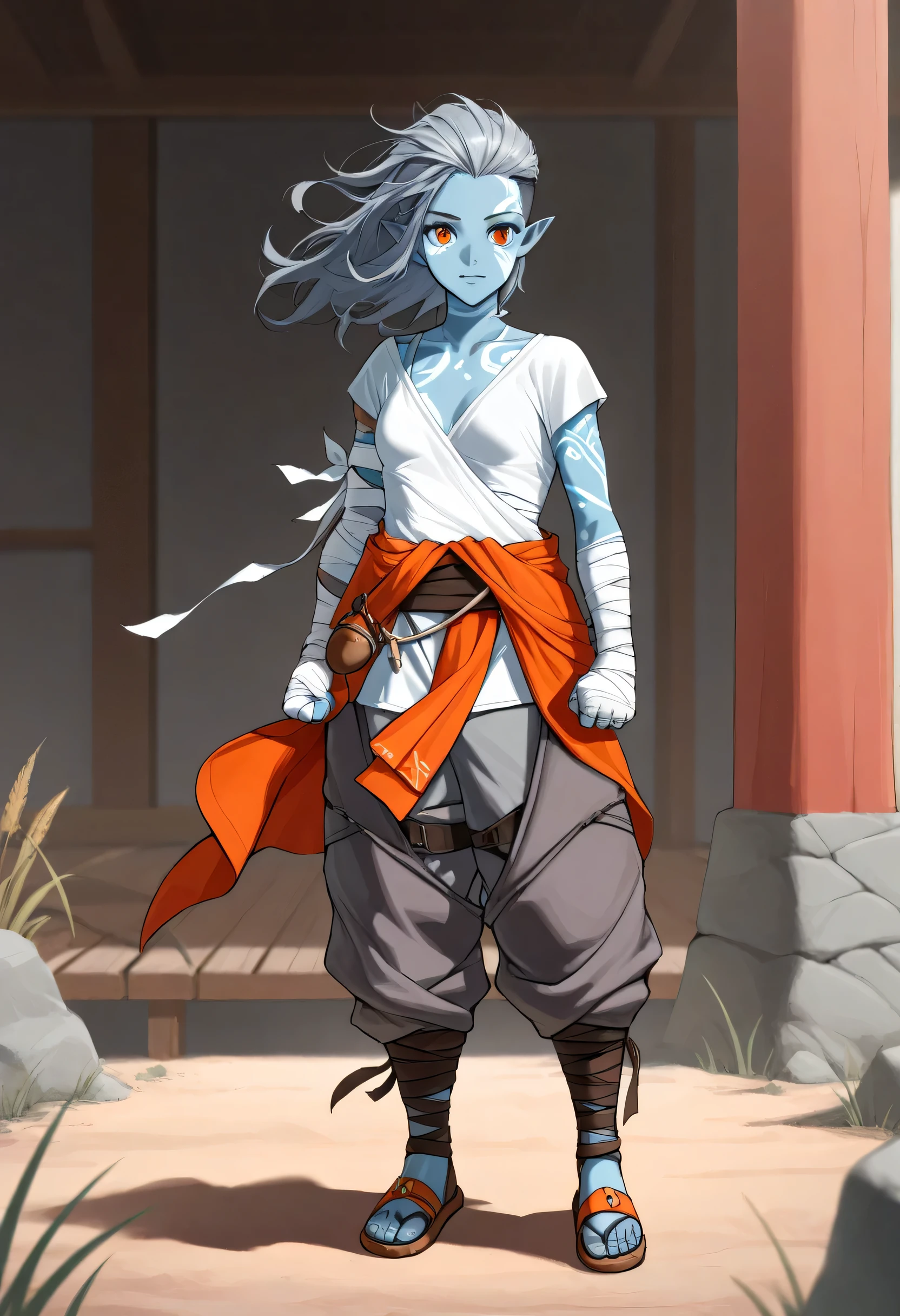 Solo, Female, high resolution, Air Genasi, Small breasts, Blue Skin, Dark Grey Hair, Dark Grey undercut sides Hair, AirGenasi, pointed ears, wind, tousled hair, tattoos, Orange Eyes, sandals, loose breeches trousers, a loose flowing strung together shirt, the outfit is strung together with sashes, The outfit is designed to give you maximum mobility and it's made of high-quality fabric, Bandages wrapped around knuckles fist forearm and fingers,