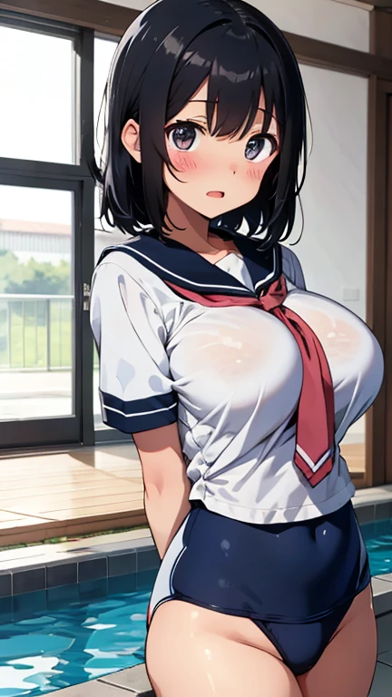 ((Tabletop, Highest quality, High resolution, Pixel Perfect,  4K, Browsing Caution)))、1 Girl, Beautiful woman、((Muscular))、((Bobcut、Blunt Bangs、Black Hair)), ((Yellow Eyes、Both eyes closed、Beautiful eyelashes, Realistic eyes)), ((Detailed face, blush:1.2)), ((Smooth texture:0.75, Realistic texture:0.65, Realistic:1.1, Anime CG Style))、Big nipples、((Huge breasts、Swollen nipples、Thick thighs)), Perfect body、Office room at night、Window、((((:d、blush))))、((Sweat、Steam from armpits))、(Place your hands behind your head、Underarm)、(Navy Blue Leotard)、Police Hat