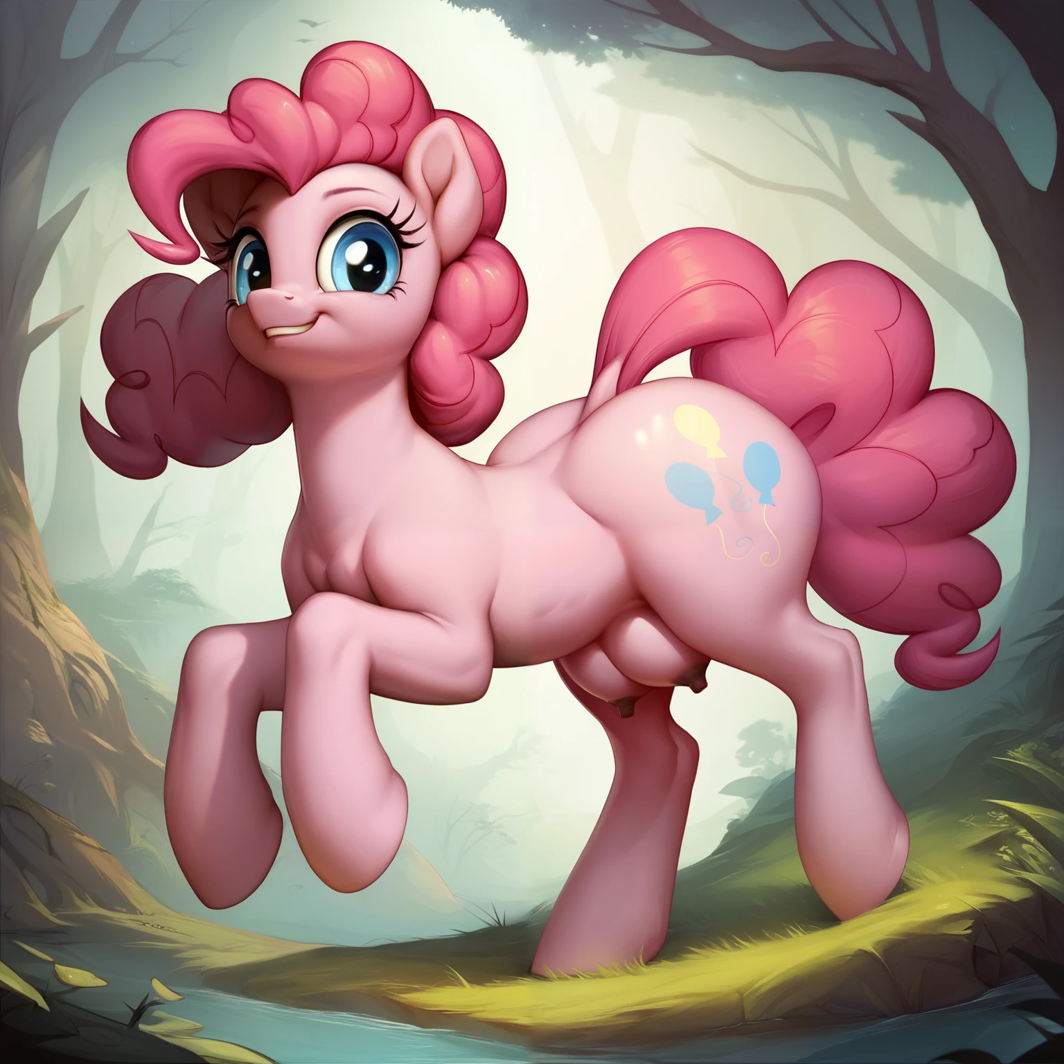 feral horse, pinkie pie, horse pussy, pussy juice, in the forest, foggy, smirk, seductive