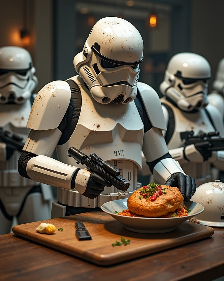 extremely (anthroid:1.5), stormtrooper on the death star holding a plate full of sandwiches, film still <lora:AnthRoid:1.1>