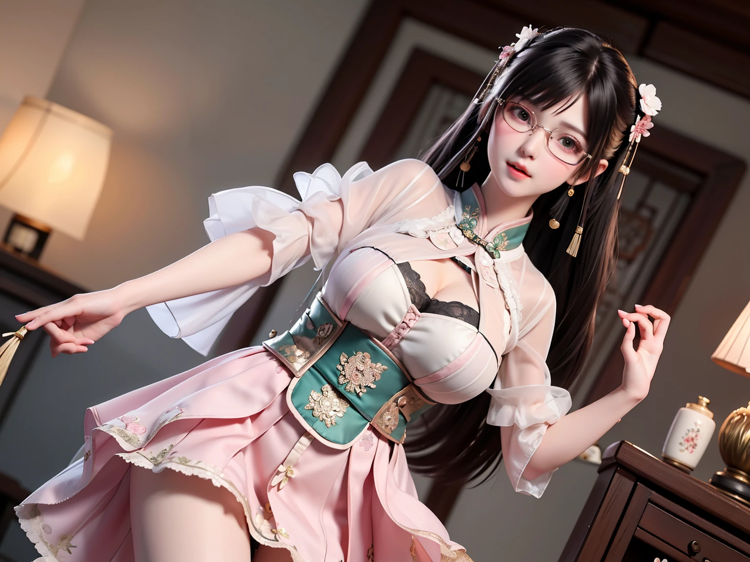 Kiss touched  girl's breast, then had sex with her, she had big breasts and moaned with pleasure, she wear hanfu chinese,Two girl, cute l old, maturbate, big breast, sex kiss breasts her, short skirt, twin tail, CG Unity 8k Wallpaper, in lace  thin silk wet , open v chested petticoat, The chest more exposed， detailed hair, green, detail 8k, upper body, ignette transparent fabric flower, A girl, cute l old, maturbate, big breast, sexy, short skirt, twin tail, CG Unity 8k Wallpaper, in qipao chinese open should ignette transparent fabric thin silk wet ,open v chested qipao chinese, eyes realistic sizing, pleated skirt black, (((round face, blush))), ((table corner is hit her crotch)), (precise depiction of (boobs tit) bra silk), ribbon, (stylish glasses, braid) , cloth shirt vignette transparent fabric flower, fishnet stockings, lying on bed , look at viewer behind