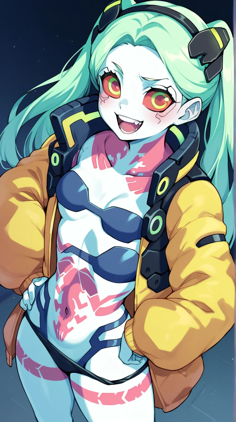 Cartoon, highres, ultra detailed, (cute rebecca from Cyberpunk Edge Runners), solo, standing, green hair, red sclera, pink tattoo, purple lips, (long green twintails), hairband, cyberpunc headgear, (black cyberpunk jacket), open clothes, small breasts, no bra, top to down body, mid shot, dynamic angle, looking at viewer, smile, parted lips, yellow background