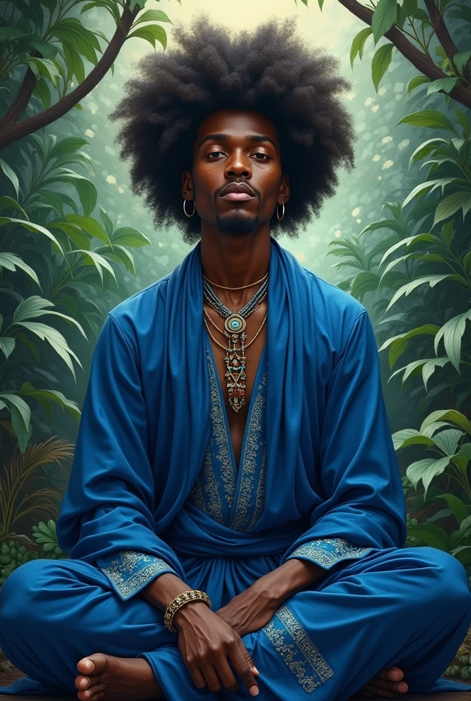 A black Afro Man in the jungle on a branch of tree near the mountain 