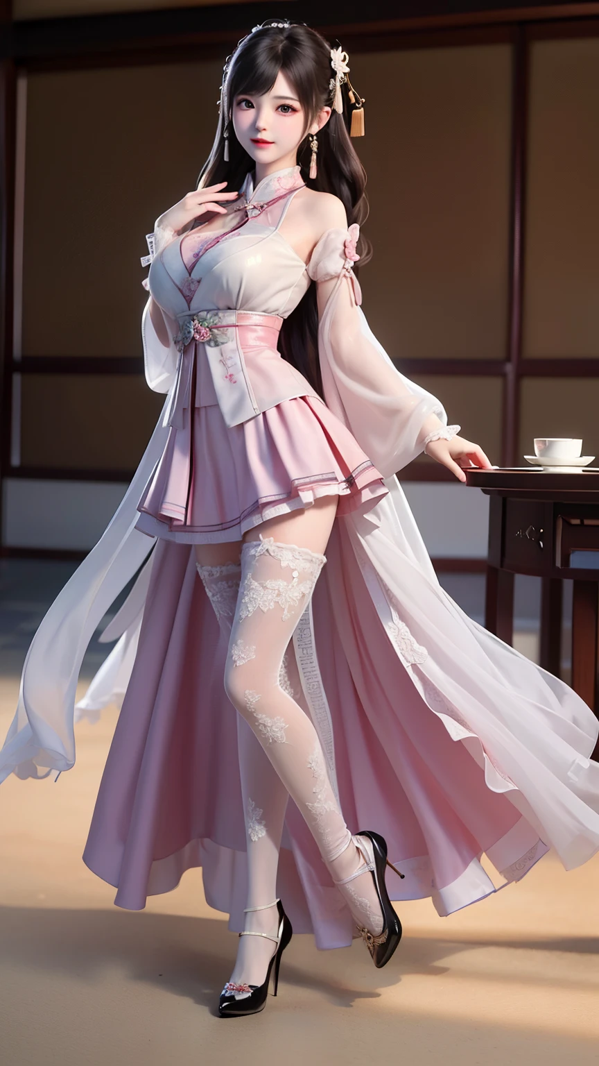 Masterpiece, Excellent, 1 Woman, Pink Clothes, Pink Cheongsam, Full Body Photo, Antique Chinese, White Cloth Bun Bun, Black Hair, Leaky Shoulders, Large Chest, Long Legs, Smile, White Suspender Tights, Tights Lace, White Panties, Pale Pink Lips, Embroidered Clothes