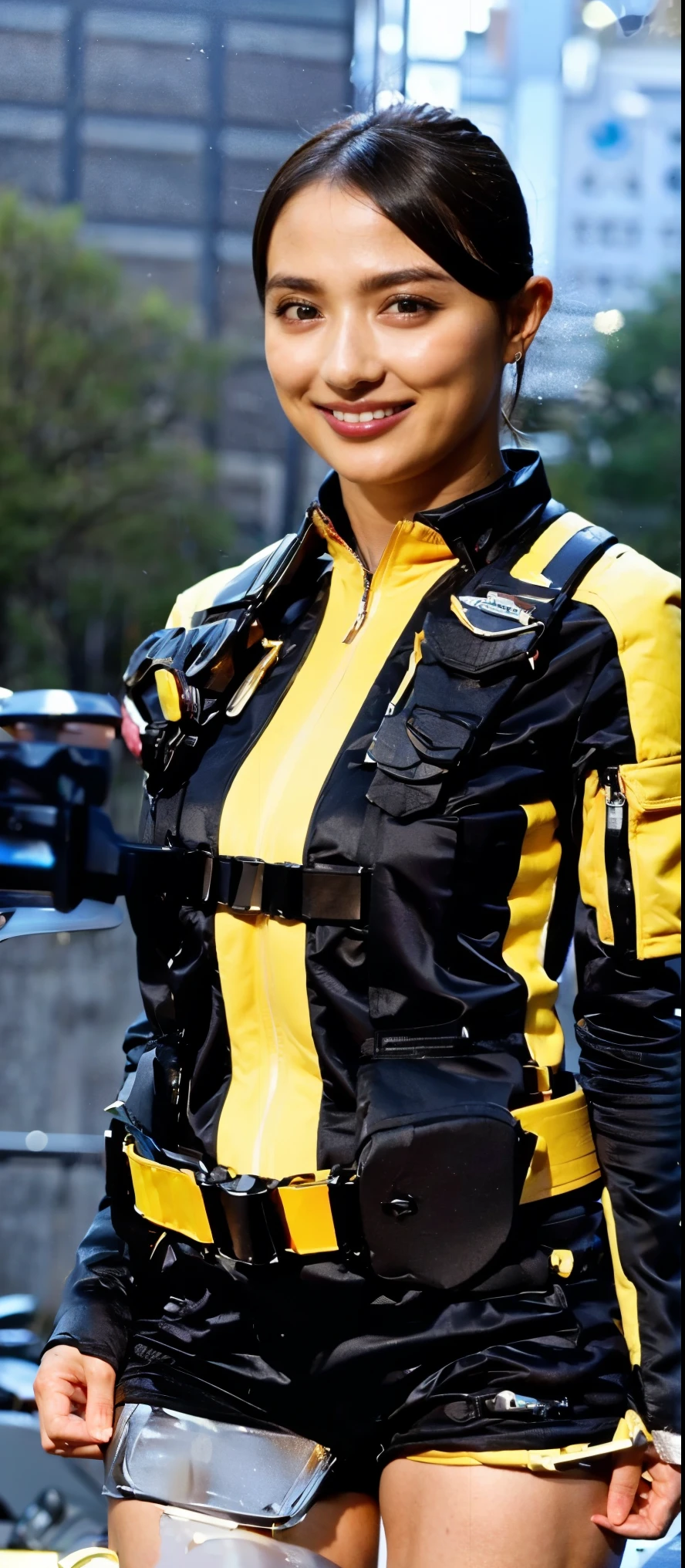 ( extremely realistic ), ( TOP QUALITY ), ((round, SMALL AND PRECISE FACE )), glowing skin , glowing skin , Wide Hips , healthy body,Yokozaki beauty々, Black gloves ,clock, iris,short shorts,black shorts, Long Sleeve , jacket , shorts, adult female ,smile, big breasted big breasted , big breasted , big breasted , big breasted , Pushing out chest, Her breasts are so big and plump , Her breasts are so big and plump , Her breasts are so big and plump, Her breasts are so big and plump, clothes are perfect for your figure , Height