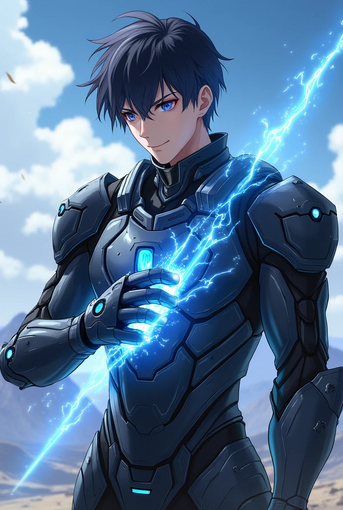 The clothes inside are dark,Clothes with metal technical parts,Tech Armor ) technology Repulsors, light armor vast, gauntlet, anime , energy beam gauntlet , male , , hair , blue eye , holding energy gauntlet with Shockwave