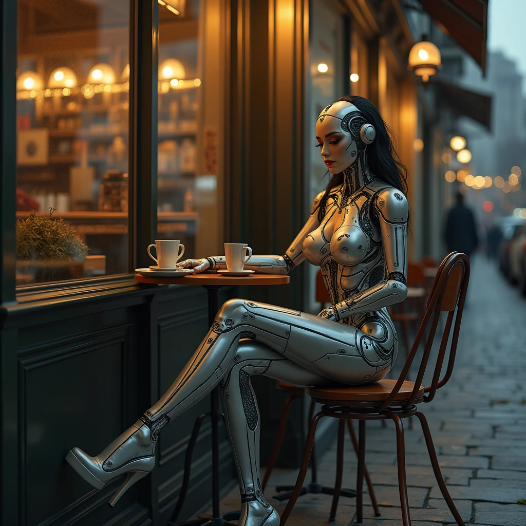 Sexy female cyborg sits erotically at a table in a street cafe, foot on foot, (Best quality, 4K, 8 K, a high resolution, masterpiece:1.2), absurdity, masterpiece, Ultra detailed, (realistic, photorealistic, photorealistic:1.37), the hard parts, HDR, (the hard parts:1.12), (hyper detailed, hyper realistic, soft lighting, spicy:1.2), beautiful figure, Magnificent Anatomy, (the hard part, hyper detailed:1.15), Smooth skin,