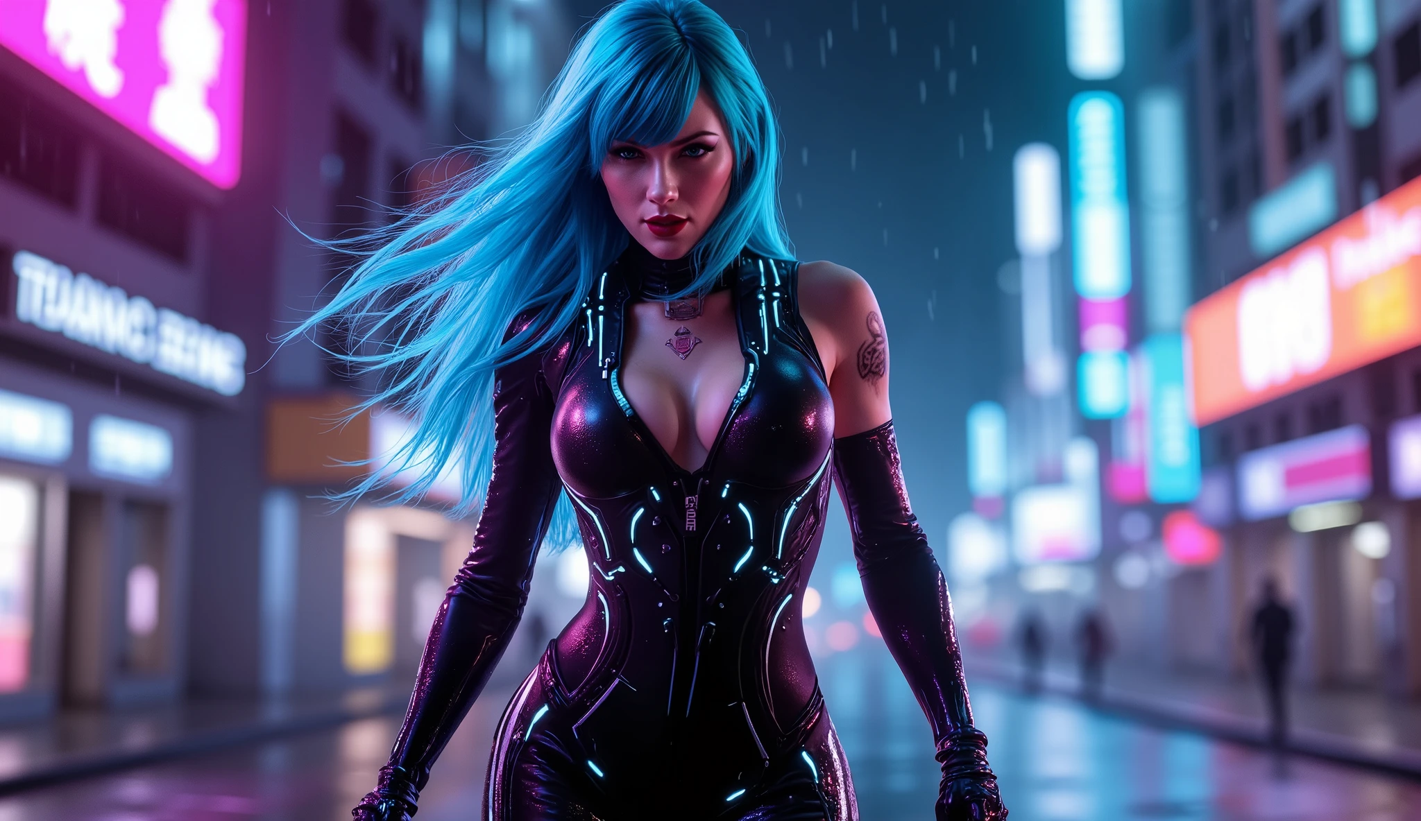 a girl with blue hair, wearing all black clothes, with big eyes and looking like a game character