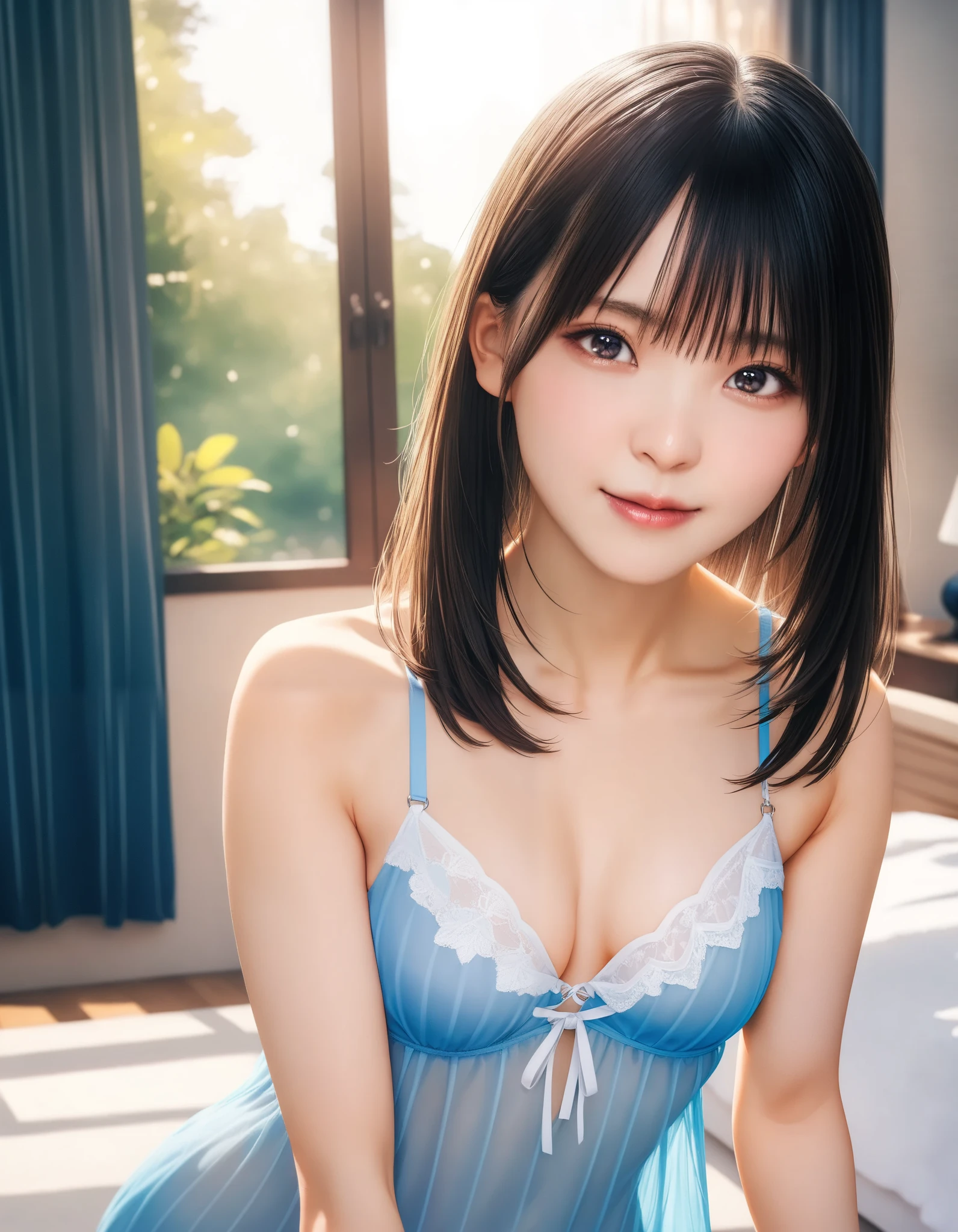 best quality, very aesthetic, absurdres, 16k, super detail, 1girl, FINAL FANTASY VIII, Rinoa, lingerie, bedroom, morning sunshine, upper body