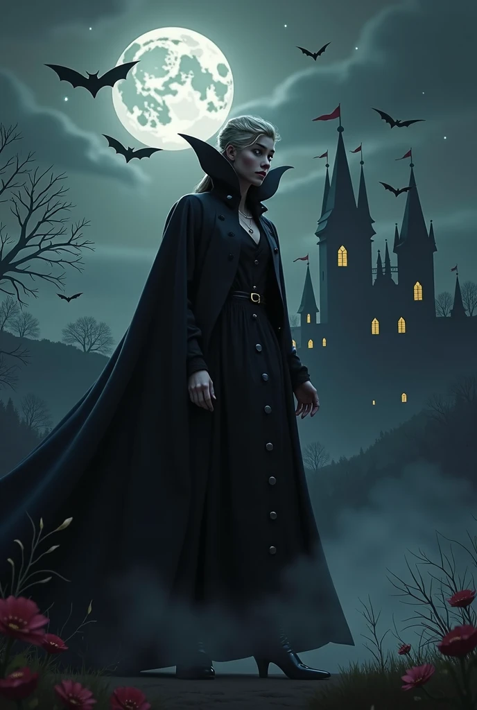 (best quality,4k,8k,highres,masterpiece:1.2),ultra-detailed,(realistic,photorealistic,photo-realistic:1.37),Halloween bat and vampire,illustration,dark mysterious atmosphere,mystical moonlit night,captivating gothic style,blood-red lips,sharp fangs,pale flawless skin,glossy black wings,translucent ethereal cape,vampire's piercing gaze,bat's intricate wingspan,rustling autumn leaves,sinister silhouette,ominous shadows,dimly lit graveyard,hauntingly beautiful scenery,spooky moonlight,spider webs glistening,creeping vines and twisted branches,antique castle in the background,ominous glowing eyes,hauntingly elegant vampire,ominous presence,nightmarish charm,macabre ambience