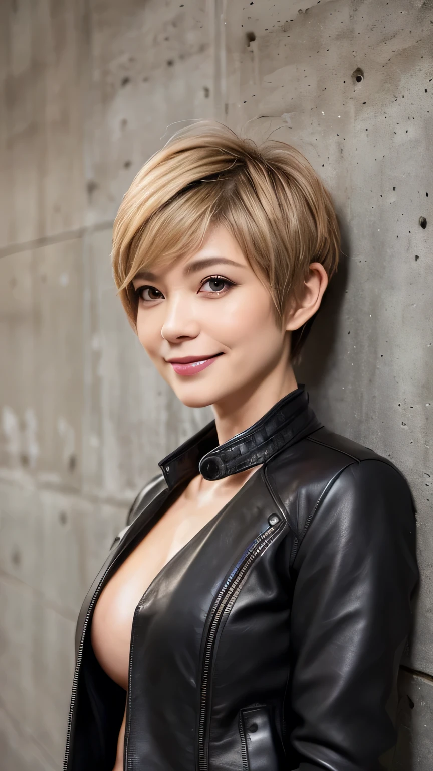 very detailed, masterpiece , top quality , (( Photorealistic:1.4)), (( slender body:1.4))、 super thin 40 year old Japanese woman , detailed face , beautiful eyes in every detail 、(( natural makeup)) 、((Saggy Big Cleavage )), ( slim, toned and beautiful body:1.3)、((Light beige hair、 pixie cut、Cecil Cut、 asymmetry、Messy Hair、 super short hair :1.4)), graceful and sophisticated 、goddess、(( from waist to head ))、((black leather formal jacket :1.3))、(())、((simple concrete wall background:1.3))、(( staring at the camera、 fresh smile))、(( professional cool lighting ))、 standing、 sexy pose、 from side