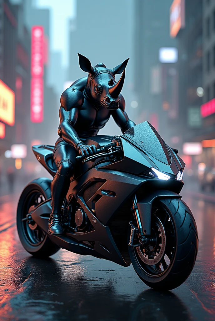 ((best quality)),((ultradetailed)), ((masterpiece)), illustration, Scene structure: Animal-personified Deer as a gangster, with a Deer face and human body. He has a muscular build and tattoos on his body. He rides a motorcycle in the city, with tall buildings behind him and neon lights flashing. Prompt composition: deer-gangster, animal-personification, motorcycle-riding, tattooed-body, muscular-build, city-scape, tall-buildings, neon-lightsSubstance 3D, Octane rendering,(hdr:1.3)