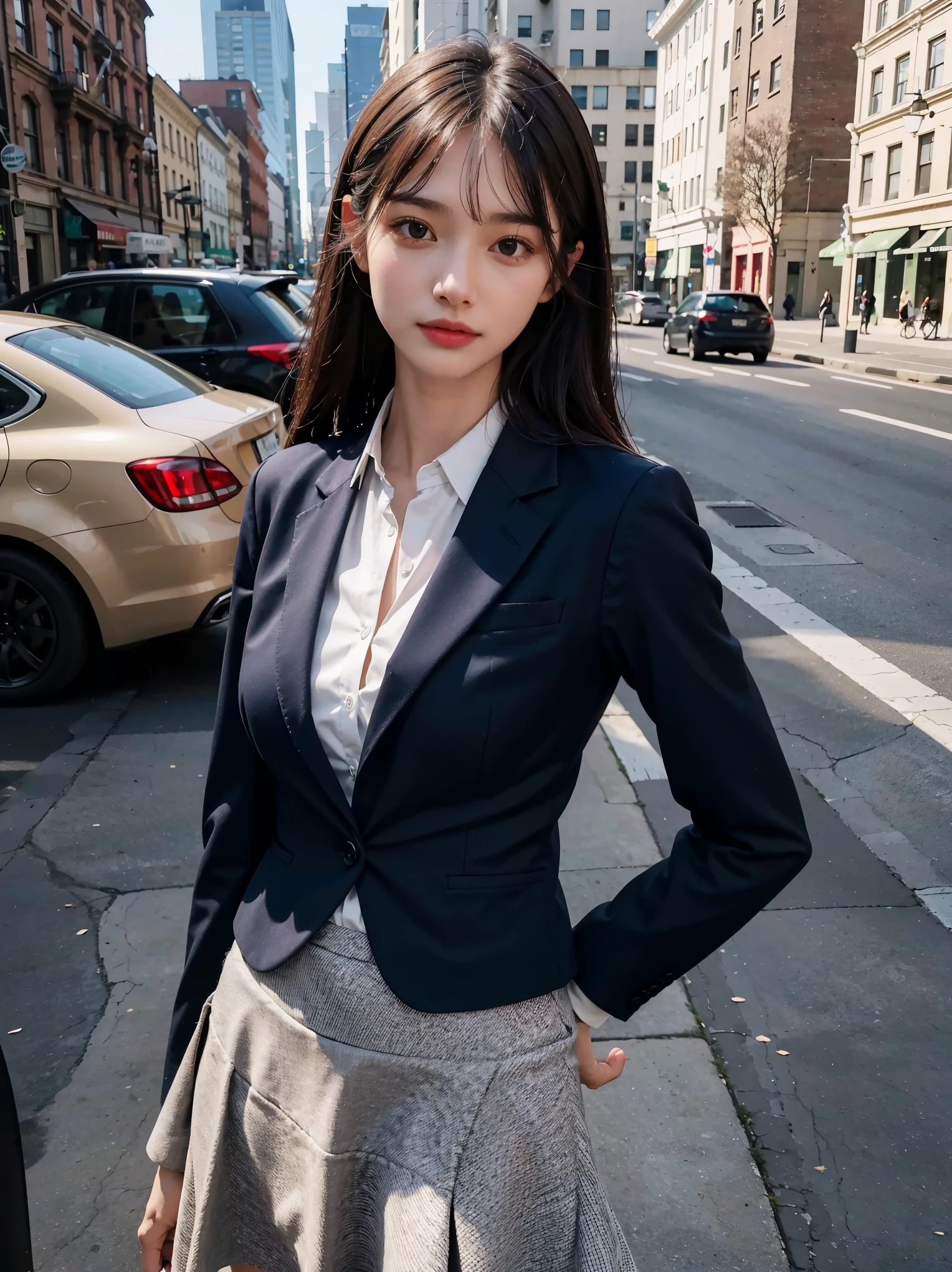 best quality, full body portrait, delicate face, pretty face, 16-year-old woman, slim figure, big bust, OL, office clothing, Navy blue, exterior, sitting position