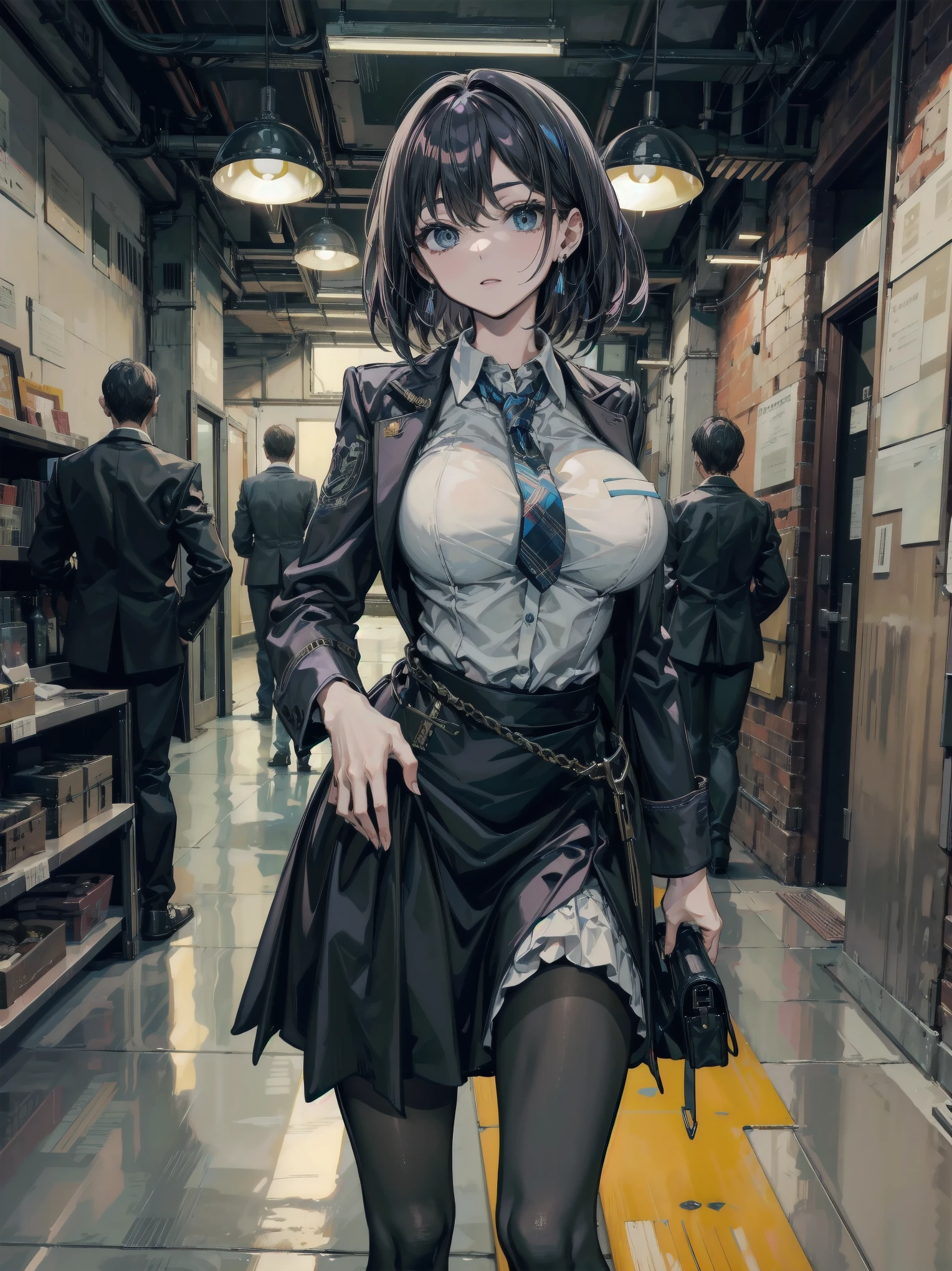 medium hair, big tits, tearful mole, earring, full body, collared shirt dress,