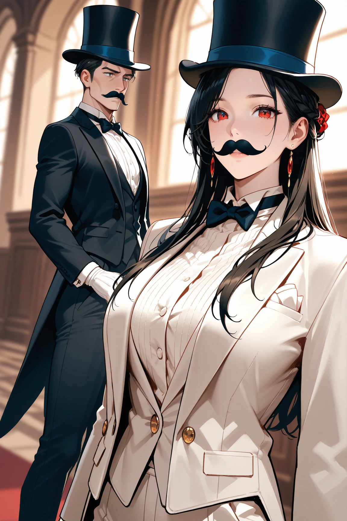 Sherlock Holmes & Watson: Two people dive into the world of deduction and adventure, infiltrating the hideout of villains. Baker Street, London,Sherlock lady with huge breasts, dressed in a brown frock coat and hat, stands side by side with Watson, a lady with huge huge breasts, wearing a white formal suit. Gentle elegance and wild smile amidst wind-blown mist, as they ponder mystery's secrets. Real faces, real bodies, and a real background of Victorian-era London, set the tone for a masterpiece.