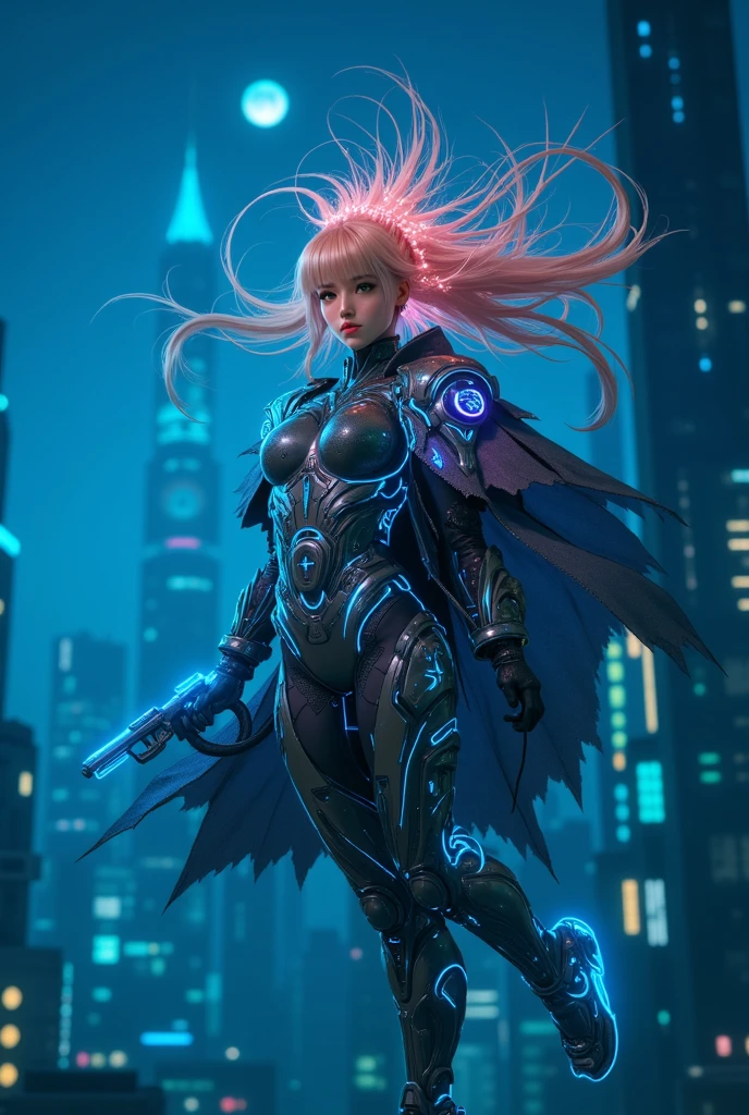 Gradient Color Hair、long fluttering silver hair、long hair flowing with the wind、Breasts are small and B size、A slender、Cleavage is visible。legs are thin and beautiful,、photoRealstic、Colorful Evangelion-style metal mecha suit、detailed mechanical components、Metal cylinder、Fine parts、Giant robot standing behind、high-heels、Finish as shown in the photo、Eyes are double(A detailed eye), Beautifully detailed、beautifull detailed face、Grab viewers' eyes with attractive poses、Futuristic battlefield at night、Eyes are on the viewer、The skin is white and transparent beauty、
