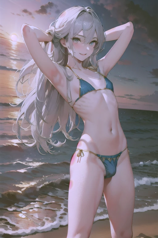 tmasterpiece, 1 woman, 25 years old, 1 girl, , best qualtiy, Fine and detailed, A high resolution, Extremely Delicately Beautiful, (white hair), Close-up Shot Shot, (Green eyes), Be red in the face, cleavage, swimsuit, bikini, photo, perfect bodies, perfect bodies, white stockings, (Overlooking), sea, flat chested