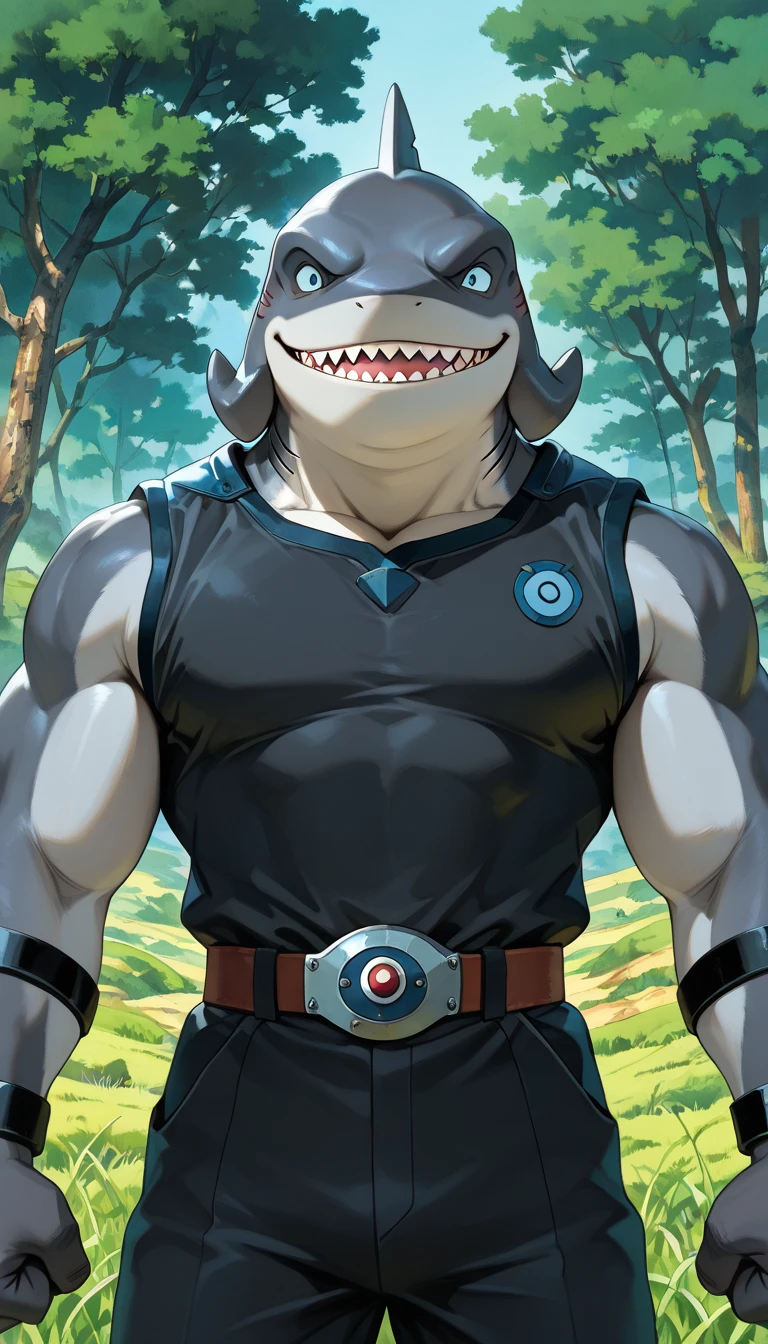 (male, furry, shark, gantu), (extremely detailed CG unit 8k wallpaper),(master part), (best quality), (ultra detail), (best illustration),(ghibli_style), cowboy shot, standing, facing viewer, looking at viewer, perfect face, perfect eyes, perfect fingers, (Sharp eyeliner, ombre, detailed eyes:1), traditional media, ghibli landscapes, scenery, outdoors, grass, tree, break , upper body, solo, smile, (Dark suit, belt, sleeveless cut, black sleeveless shirt, black pants, black bracelets, blue pupil-less eyes,muscular male)