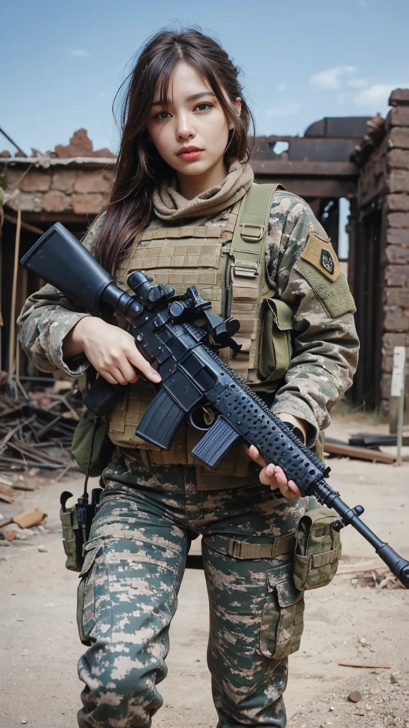 ((masterpiece、top-quality、realisitic、ultra-detailliert、hight resolution、Photorealsitic、foco nítido、lighting like a movie))、Stunning portrait of a beautiful woman、bustshot、Focus from the chest up、sad Facial expression、Beautiful detailed eyeedium Hair、Army camouflage uniform、Camouflage Tactical Vest、Long trousers with camouflage pattern、Combat gloves、rucksack、Black Military Undershirt、Tanks on the background、White smoke、Detailed hand depiction、Latina, large breast, carrying riffle