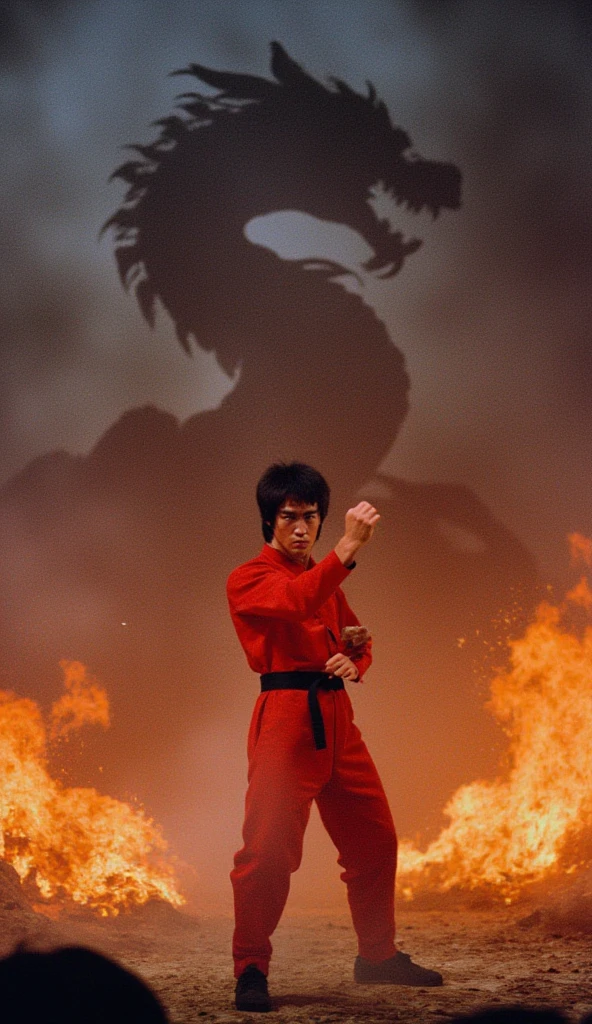 very detailed and realistic photo, HD quality, 4K, a man expert in traditional Javanese Indonesian martial arts. 50 years old, sturdy body slightly muscular, short black hair, position facing the camera, with a horse stance, right hand holding a fire sword and left hand clenched crossed in front of the chest, wearing a white t-shirt, black pants and traditional Javanese shoes, in a dimly lit room full of mystical nuances there is white smoke, behind the person's standing position there is a very exotic fire dragon, showing the dragon moves demonstrated by the martial arts expert. A young Indonesian girl facing the camera appears, clean smooth skin, loose black hair with a red and white Indonesia flag headband wearing a tight white t-shirt and sexy short bottoms wearing traditional Javanese Indonesian shoes sitting half cross-legged in front of the martial arts expert. make it in detail and very complicated and very clear, realistic and sharp.