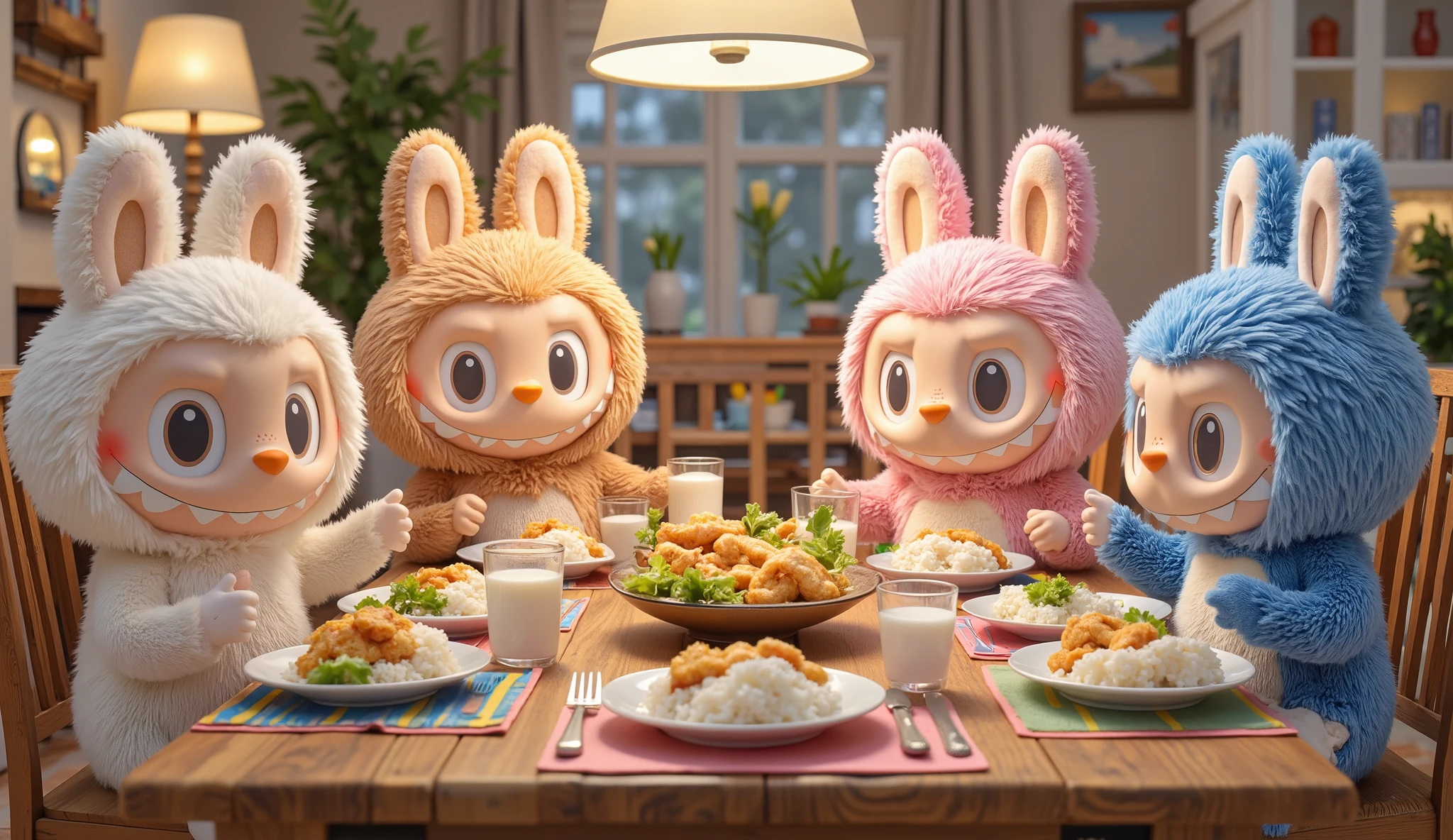 "Four Labubu characters—white, pink, brown, and blue Benhur—are gathered around a dining table, enjoying a meal together. Each character has a plate filled with golden, crispy fried chicken, fluffy white rice, fresh vegetables, and a side of fruit. A glass of milk is placed beside each plate, adding to the cozy, shared atmosphere.
The table is set with colorful placemats, and the room is warmly lit, creating a welcoming environment. The Labubu characters are smiling and chatting with one another, clearly enjoying the moment. The scene conveys a sense of happiness, togetherness, and good food, with the characters engaging in a joyful and relaxed meal in a cozy home setting."