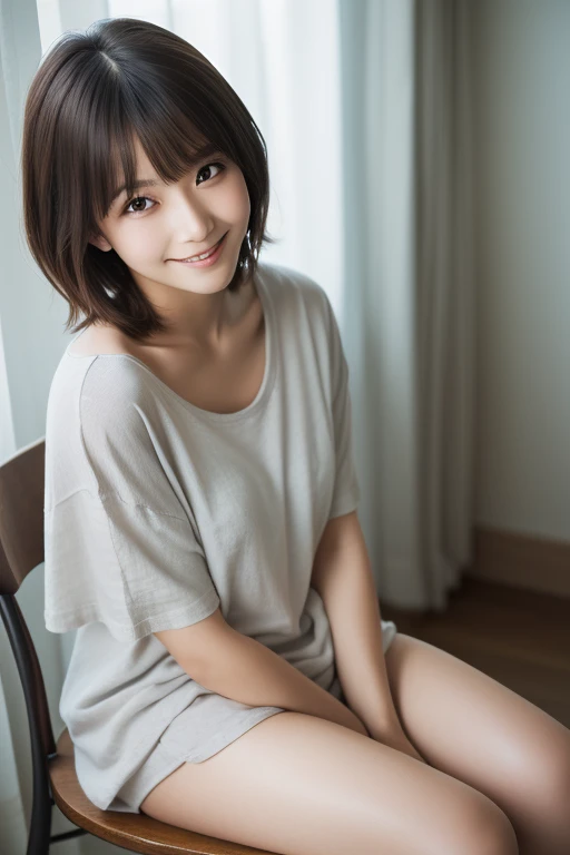 younggirl、soio、Looking at the camera、dual、Kamimei、Tear bag、drooing eyes、Muscle whitening、sitting down on the floor、Big white T-shirt、short-hair、Hair ornament in the shape of fireworks、A slender、A slight smil、???? legged、waterface、valley、Lower body ?????