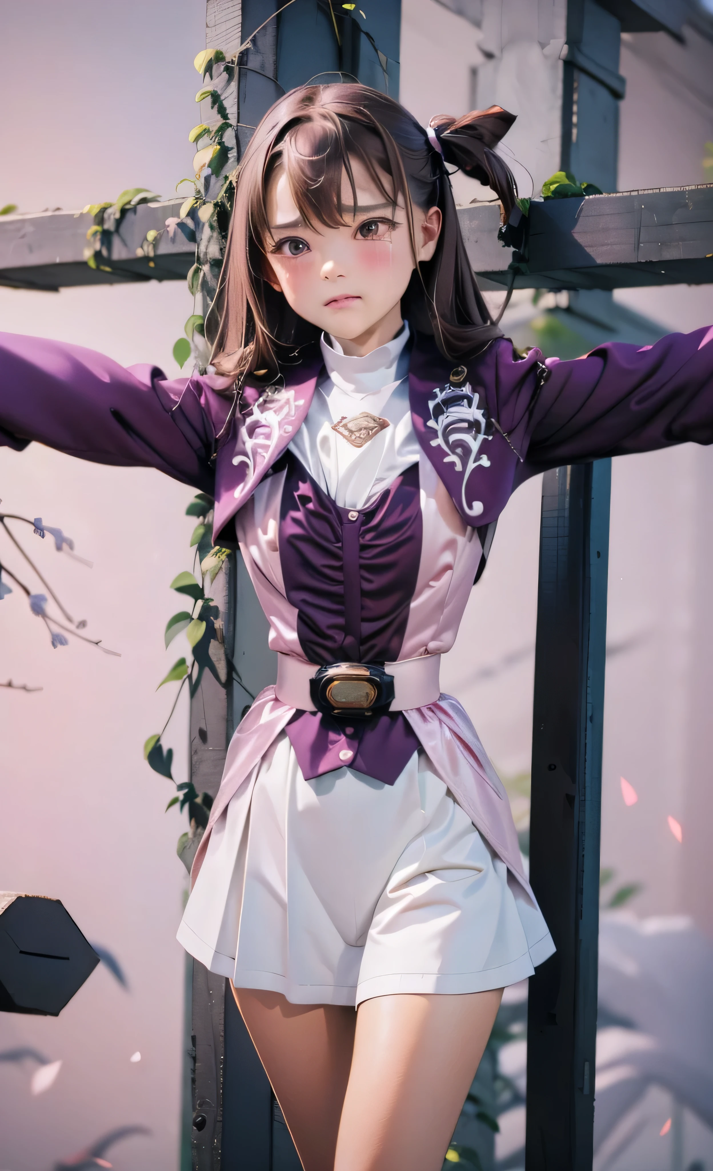 (High-definition CG), ( top quality),(( black background))Inside the Jail,(( from the front of the room)),(( has been crucified)), one woman, perfect face, crying, shiny skin , wide hips, thin waist, purple bolero jacket , Long Sleeve, white skirt , pink belt , (( brown hair)),With an uneasy expression, (( straight hair)), frightened face, whole body, Cry of pain, crying顔,